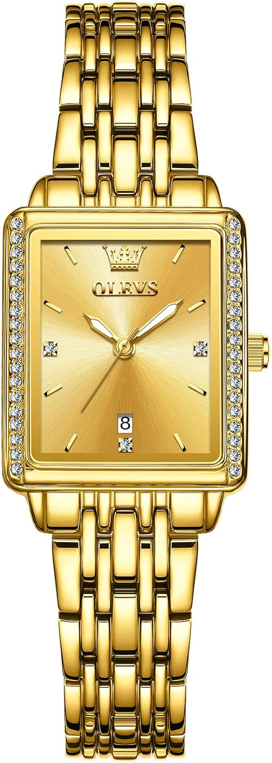 OLEVS Square Watches for Women, Gold Stainless Steel Bracelet Ladies Small Face Watches, Dainty Waterproof Women's Wrist Watches with Date, Gold/Black/White/Blue/Green Dial