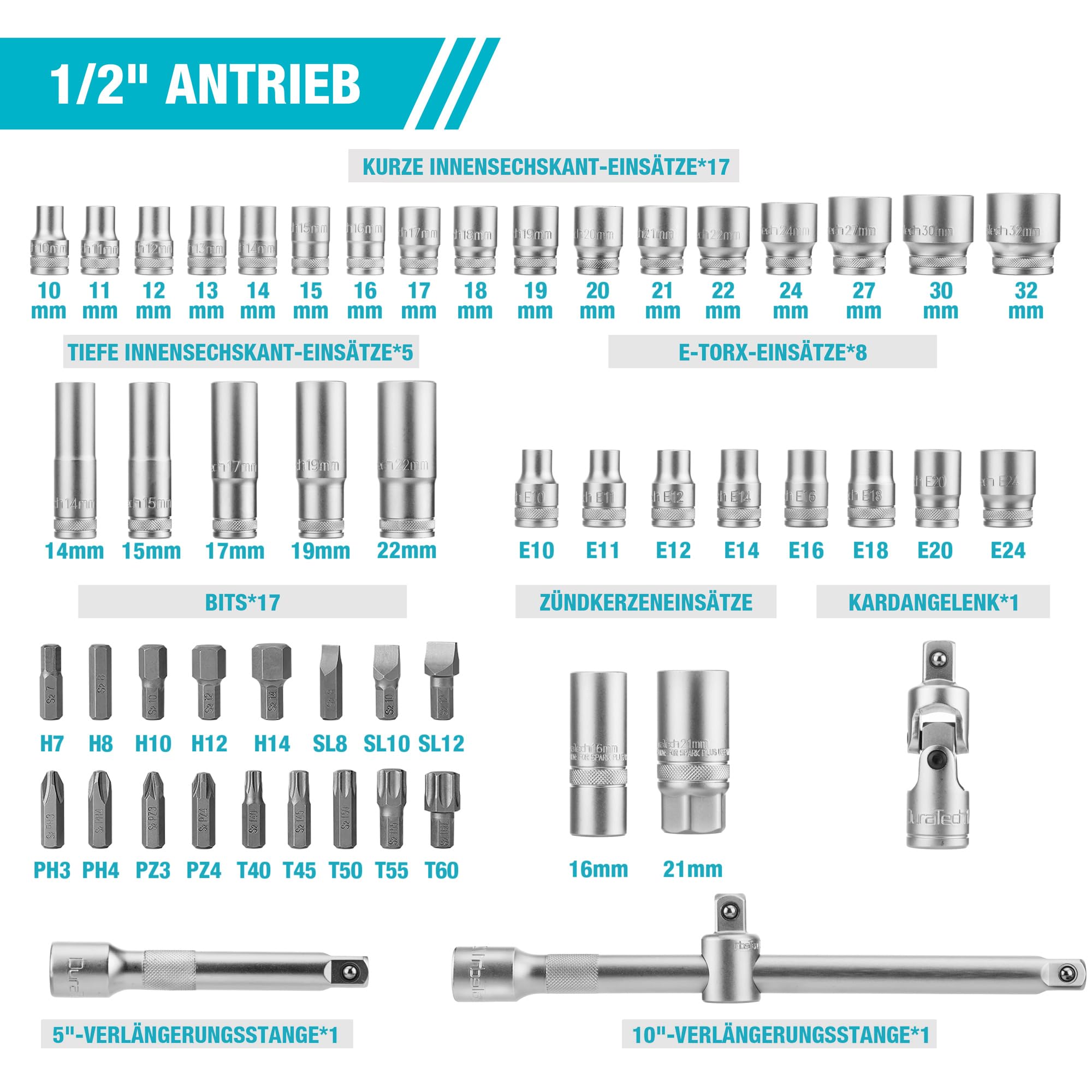 DURATECH Steckschlüsselsatz 108-teilig, Knarrenkasten Steckschlüssel Set | Ratschenkasten mit 1/2” und 1/4” Umschaltknarre, Verlängerungen, Bits, Stecknüsse, Chrom-Vanadium-Stahl, inkl. Koffer