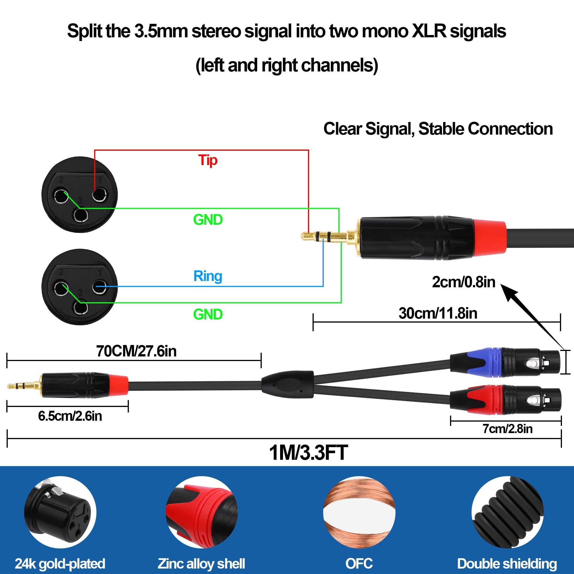 3,5 mm 1/8 TRS auf Dual-XLR-Y-Splitter-Audiokabel, 2 XLR-Buchse auf 1/8-Zoll-Stecker, TRS-Stereo-Aux-Adapter, Interconnect Breakout-Patchkabel für Mikrofon, Smartphone, Laptop, 1 m