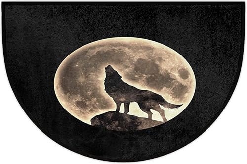 Miniatura 4 de PuseTaer Tapete semicircular con diseño de lobo y luna, diseño vintage de animales, antideslizante, duradero, lavable, para interiores y exteriores,