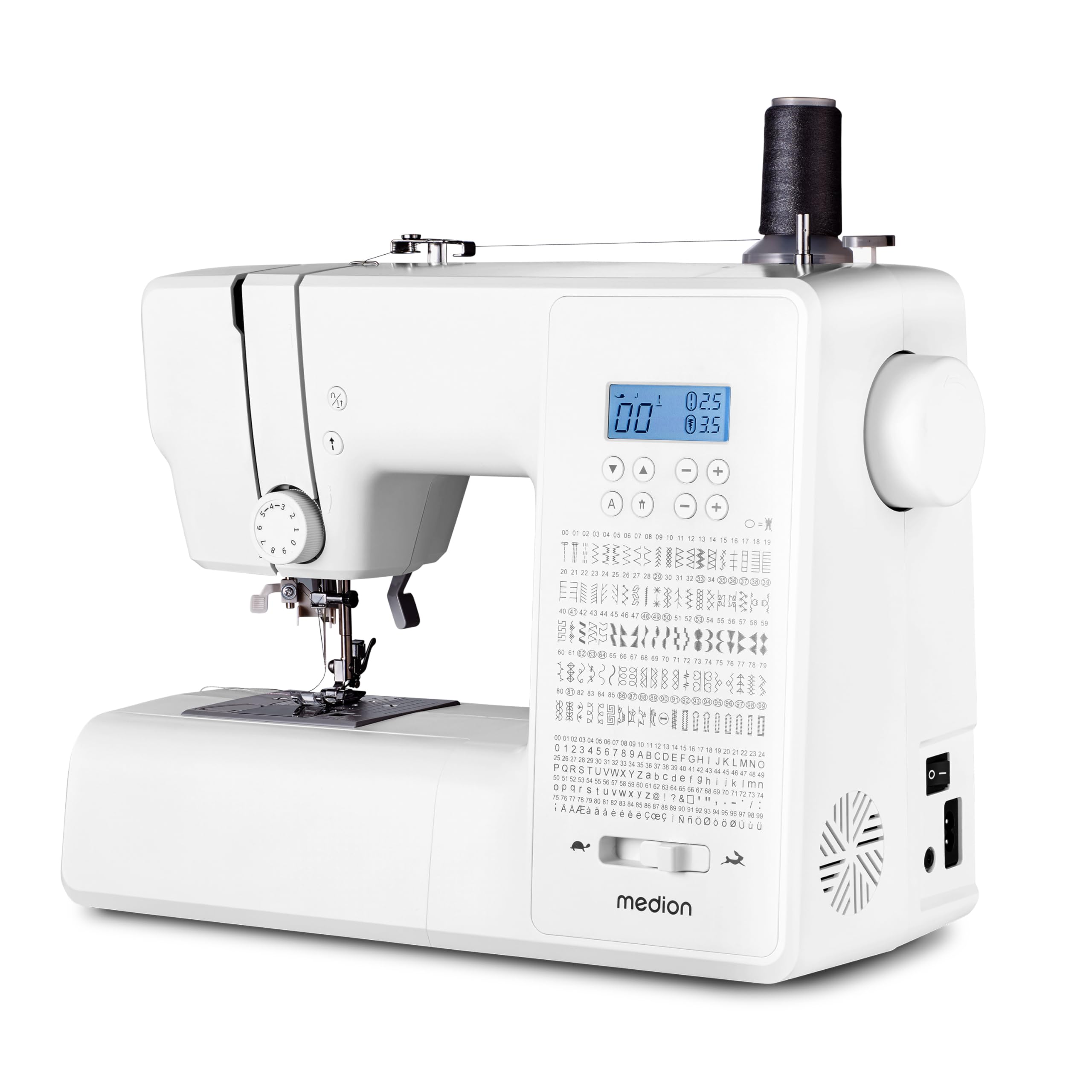 Macchina per cucire digitale MEDION SD36 (36 watt, lunghezza e larghezza del punto regolabili, 270 modelli di punto, luce di cucitura a LED, infilatore automatico, pulsante di inversione, tagliafilo