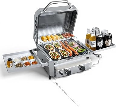 Tabletop Gas Grill, Stainless Steel Portable Propane Grill with Dual Storage Side Platforms Compact & Powerful 16,000 BTU Dual-Burner BBQ Grill for Garden and Patio Backyard,Camping