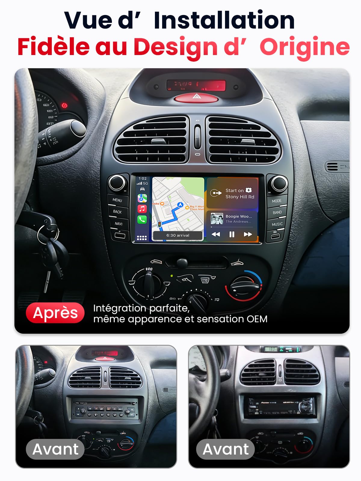 Autoradio Double DIN avec Écran pour Peugeot 206 (1998-2009), CarPlay & Android Auto sans Fil, Écran Tactile Auto 7", 4 Go+64 Go, Bluetooth WiFi 5 GHz Dab+ FM AUX GPS