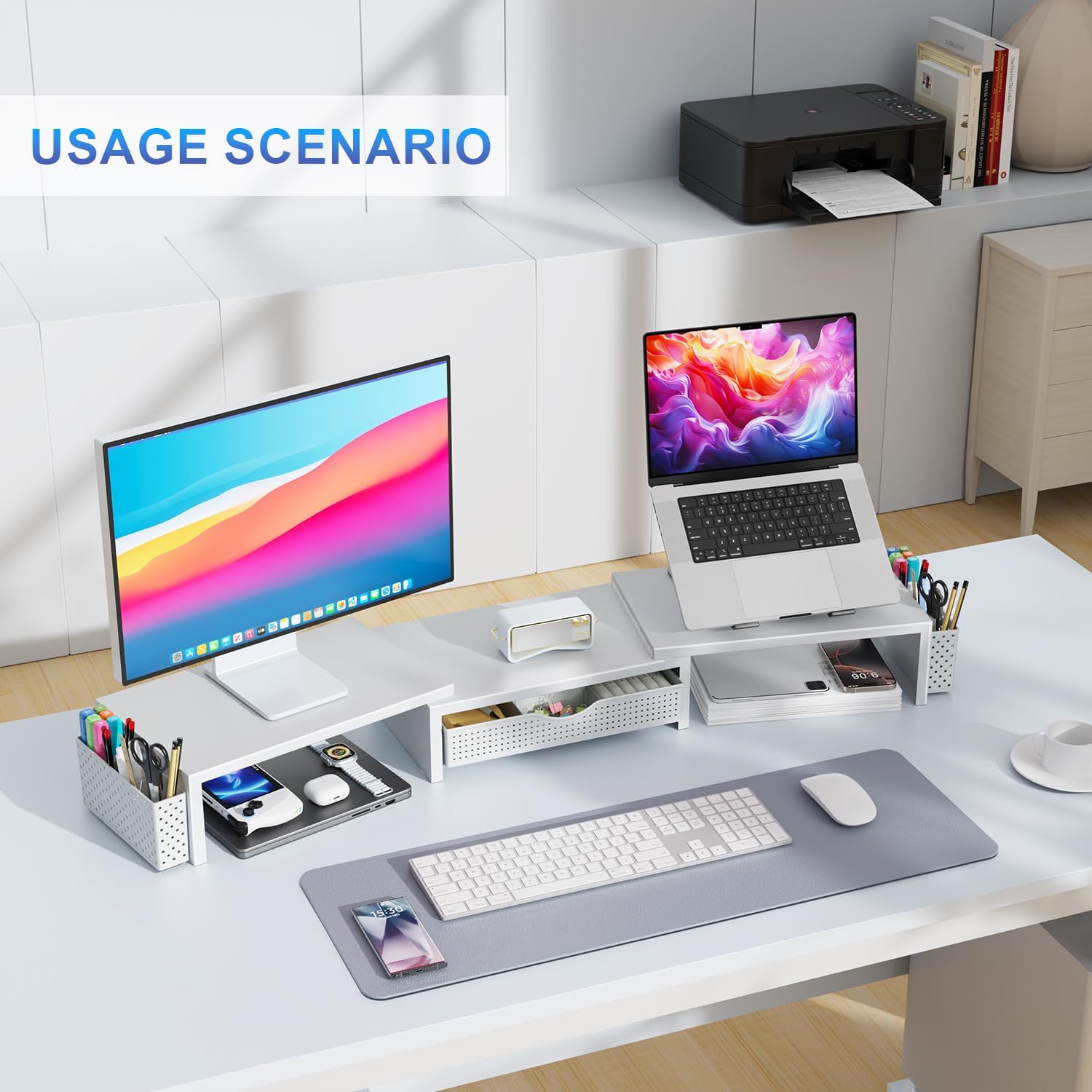 Supporto per doppio monitor, accessori da scrivania in metallo con cassetto e 2 portapenne, lunghezza e angolazione regolabili, supporto per monitor del computer per schermo, computer