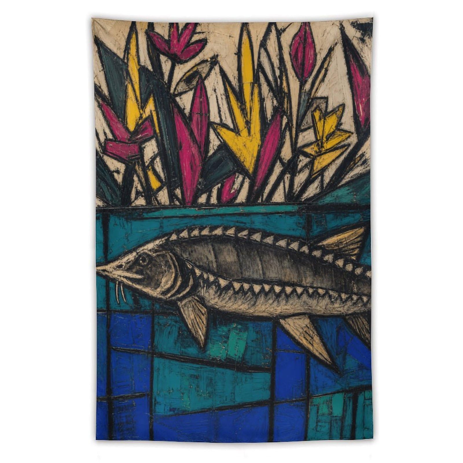 W7C8U2X3 Stained Glass Sturgeon Wall Tapestry, Mosaic Style, Apartment