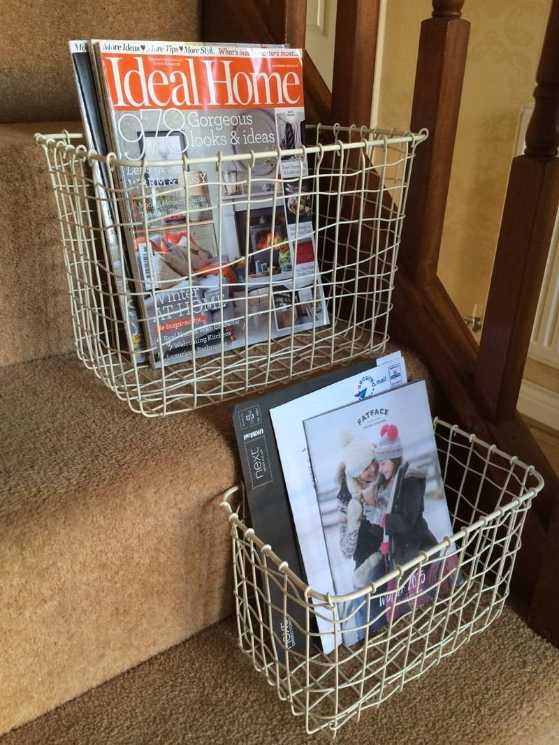 Cream Wire Basket Magazine Post Toiletries Stairs Storage Vintage