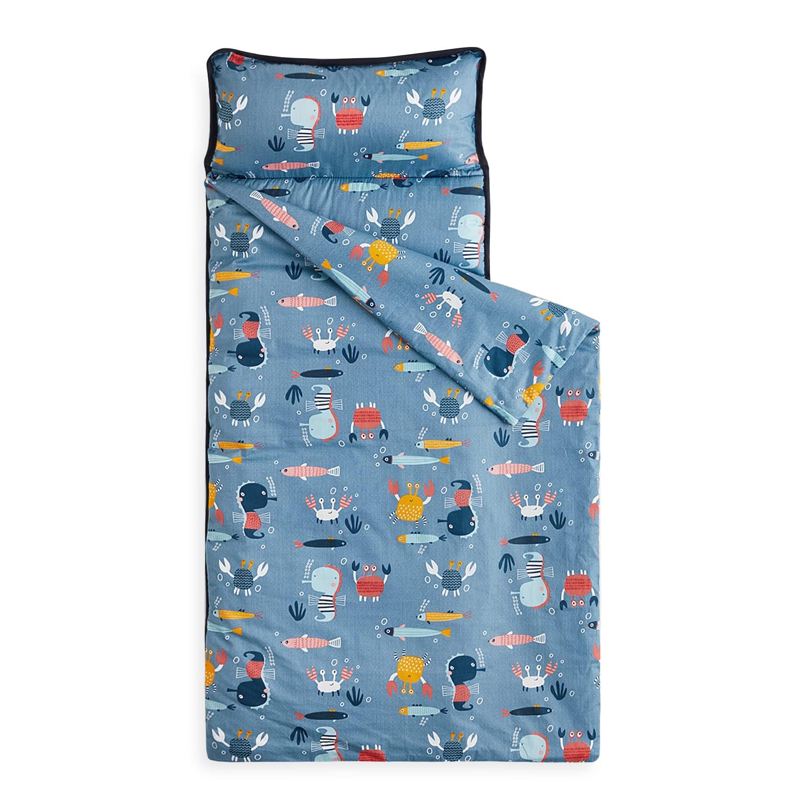 Wake In Cloud Toddler Nap Mat With Pillow & Blanket - 100% Cotton Dinosaur Navy Extra Long Sleeping Bag For Daycare & Preschool