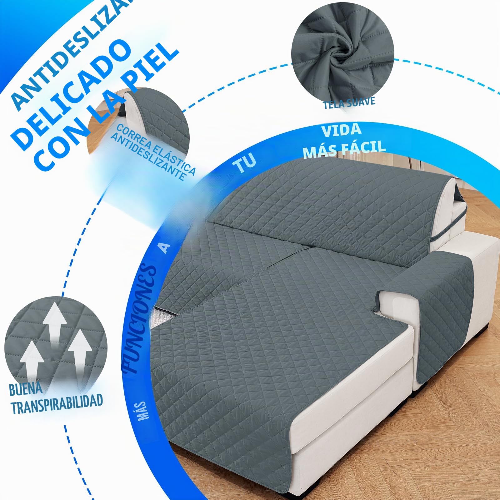 Impermeable Funda Sofa Chaise Long 3 Plazas, Funda Chaise Longue Derecho/Izquierdo Reversible, Universal, Ajustables, Antideslizante, Lavable, para Gatos Perros, Gris Oscuro
