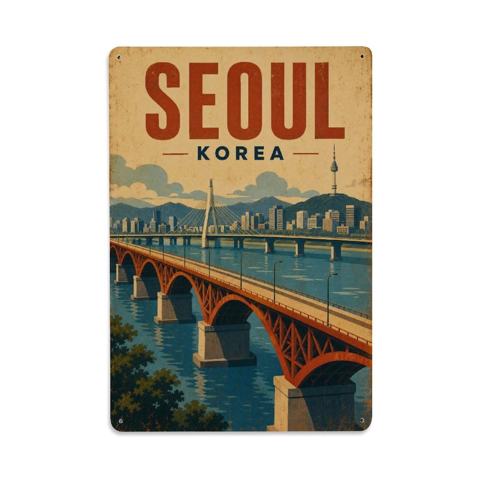 Seoul Korea Heritage River Bridge Travel Metal Tin Sign