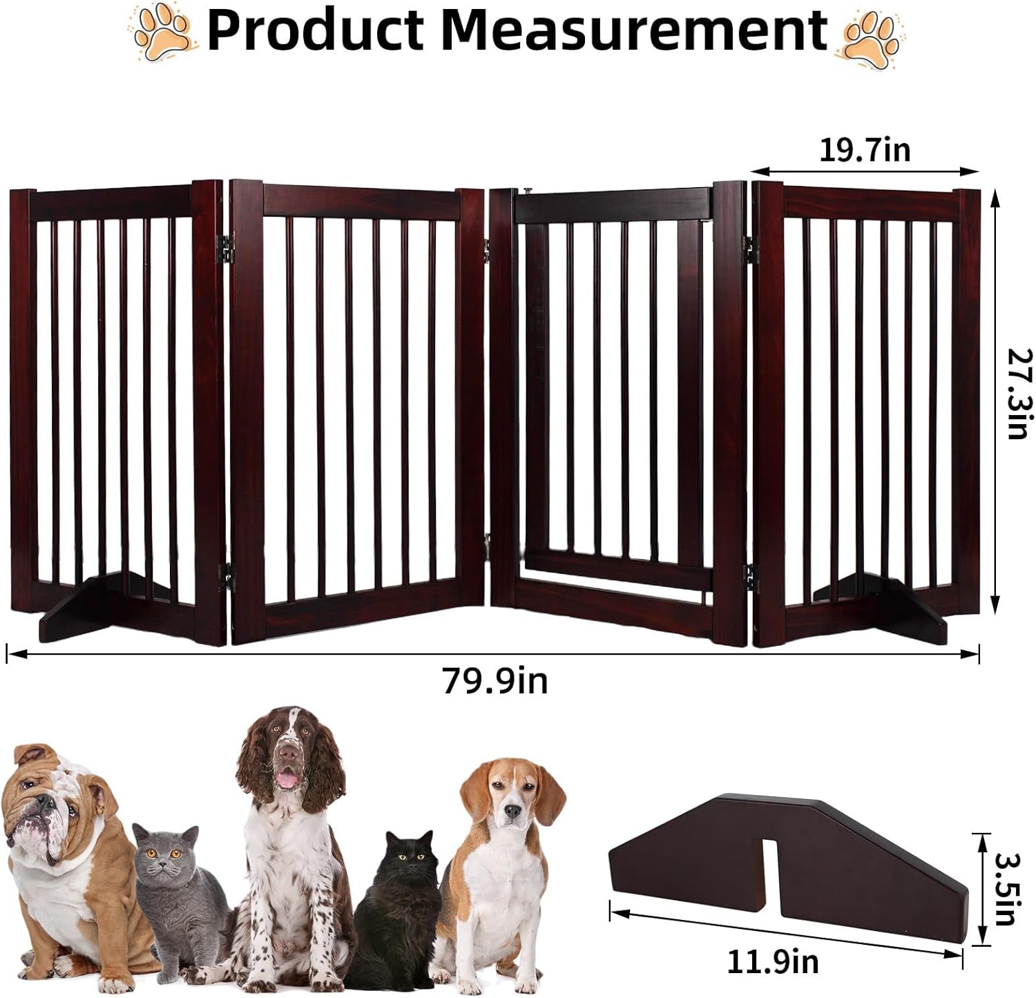 Indoor Dog Gate, Wooden Freestanding Pet Gate, Foldable Dog Gates for Doorways, No Drilling for The House, Doorways, Hallways,or Stairs, 30" Height 4 Panels Set of Support Feet Included (Espresso)
