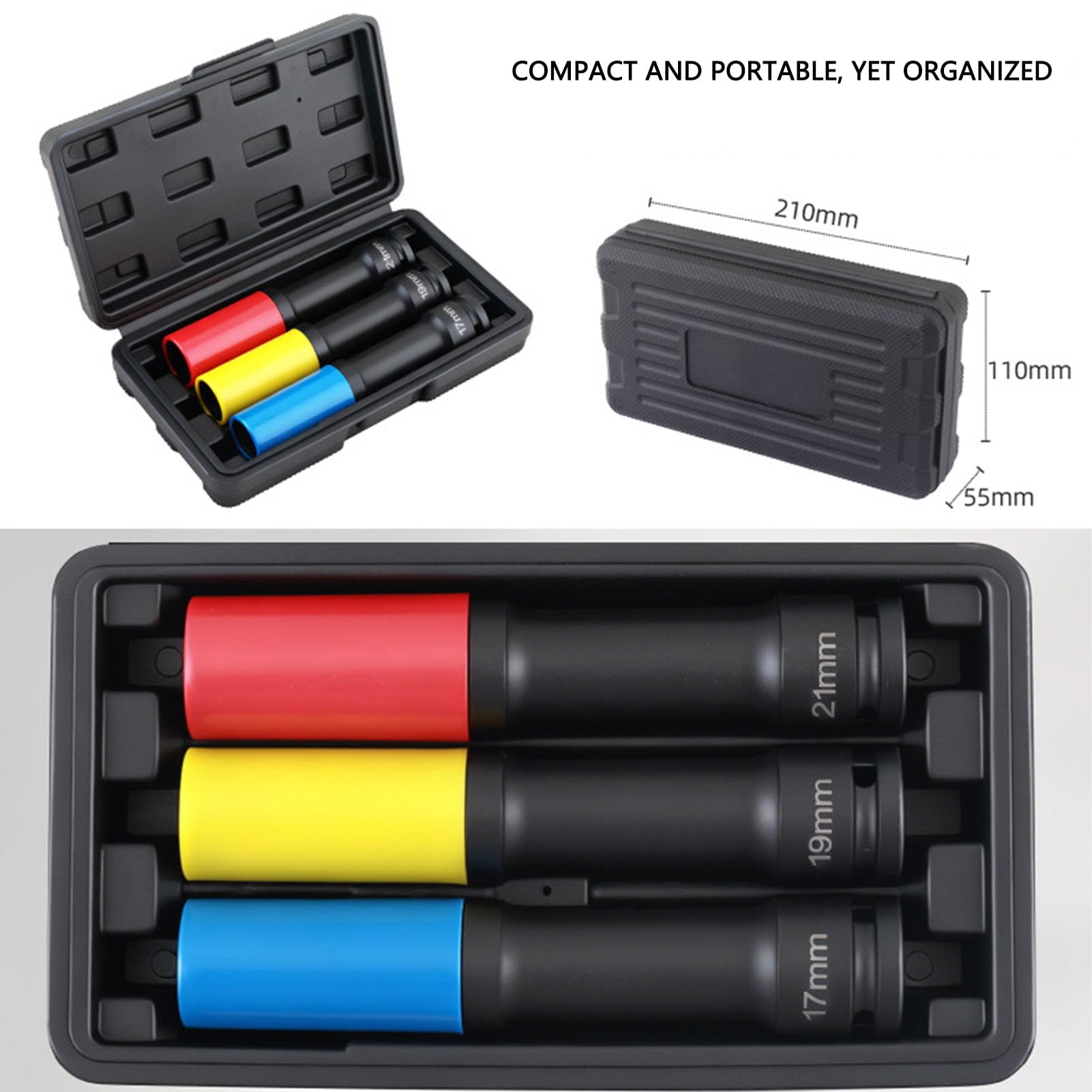 Set di 3 bussole per dadi con aletta a parete sottile, bussola a impatto anti-rottura da 1/2 pollice, bussola profonda extra lunga per protezione ruota, 17 mm 19 mm 21 mm