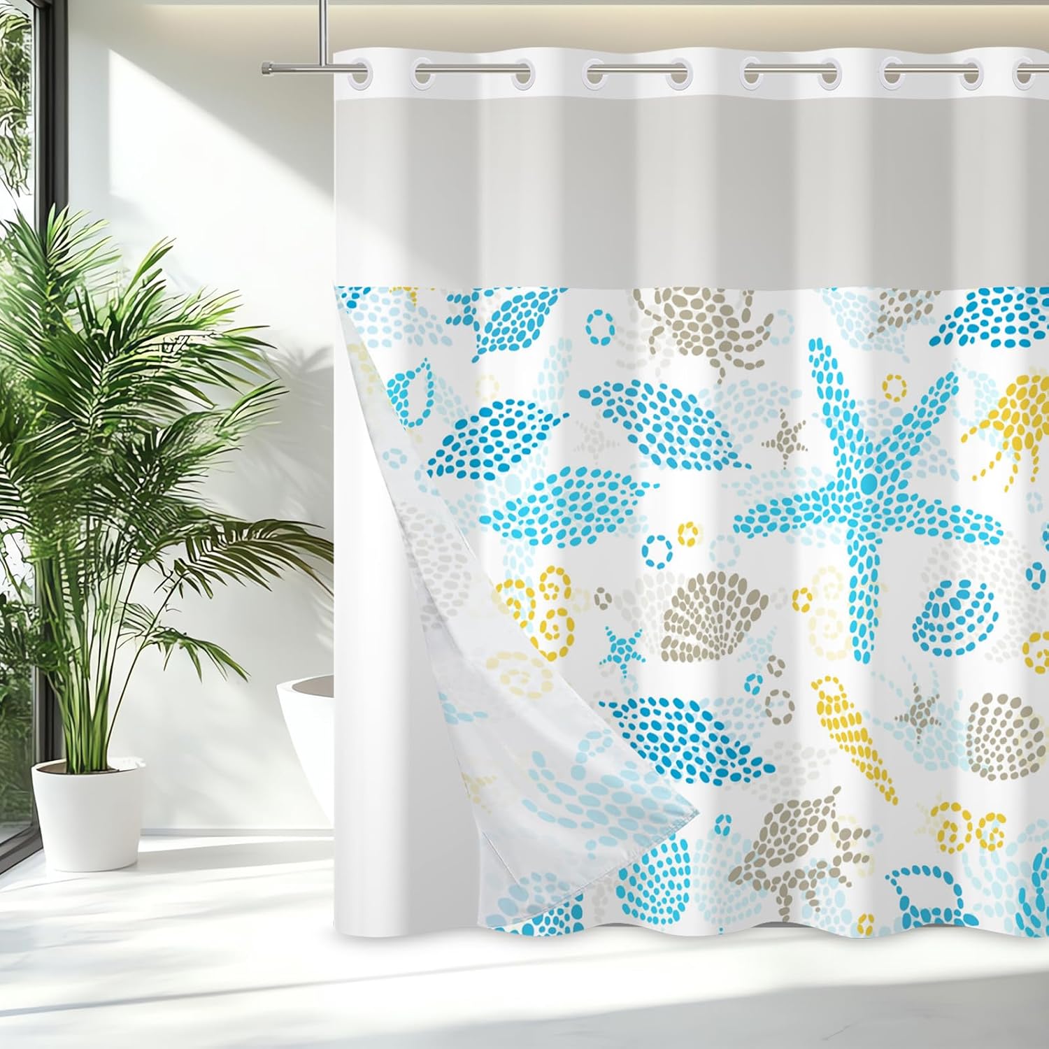 71x71 Inch Without Hook Nautical Shower Curtain and Liner Set Starfish Conch Coastal Themed Snap in Shower Curtains for Bathroom Cute Beach Ocean Marine Children Kids Bathroom Set