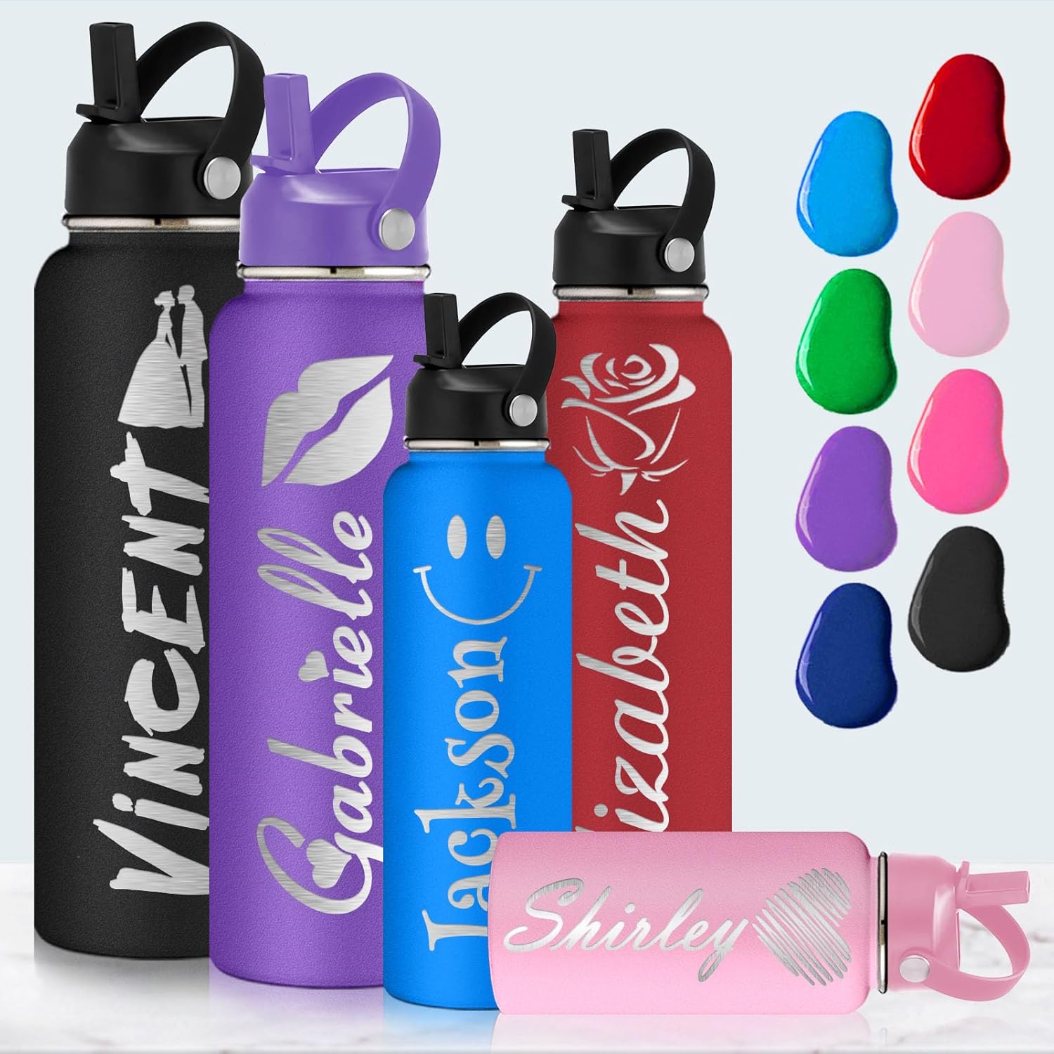 Custom Water Bottle with Name Engraved, Personalized Water Bottles with Straw Lid, Customized Gifts for Women Men (12/18/24/32/40oz)
