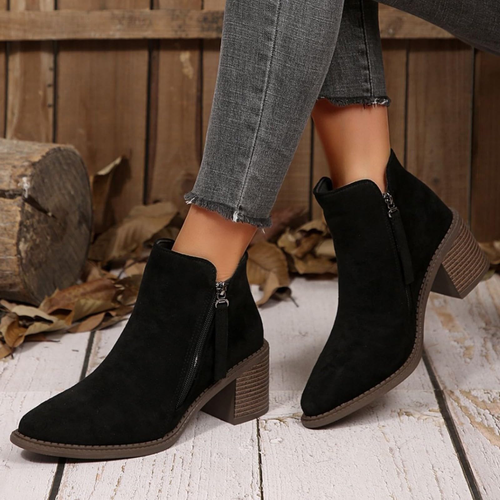 Cocila Botas De Ante con Tacón Grueso Y Punta Puntiaguda para Mujer, Tallas Grandes Europeas, Otoño/Invierno 2025, Cremallera Lateral Agua Mujer Altas Invierno Piel Cowboy Beige Botines