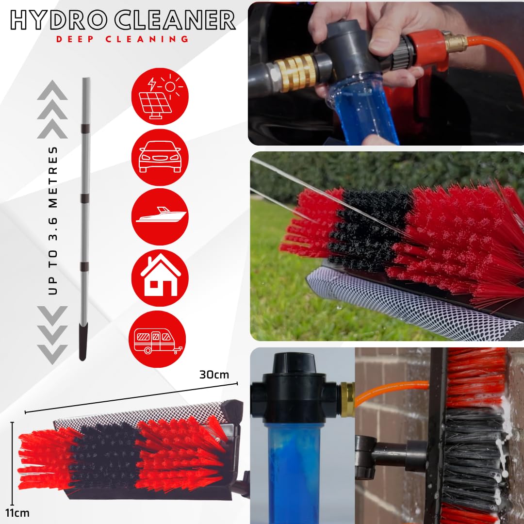 STARLYF Balai de nettoyage Hydrocleaner 3,6 m + serviette à séchage rapide, alimenté par eau, doseur de savon, nettoyage des panneaux solaires, lavage de camions, bus, voitures, plafonds