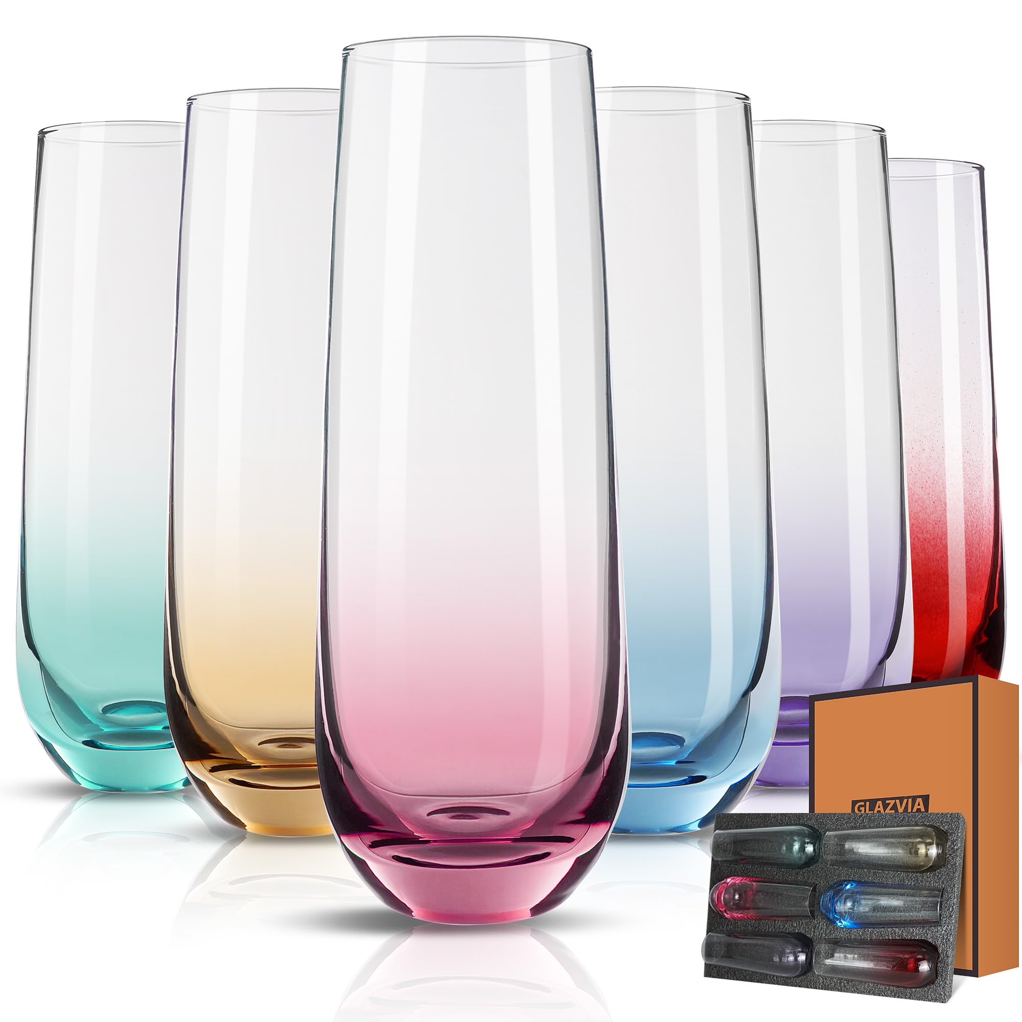 GLAZVIA Stemless Champagne Flutes Glasses Set of 6-10oz Multi Colored Glass — image 1