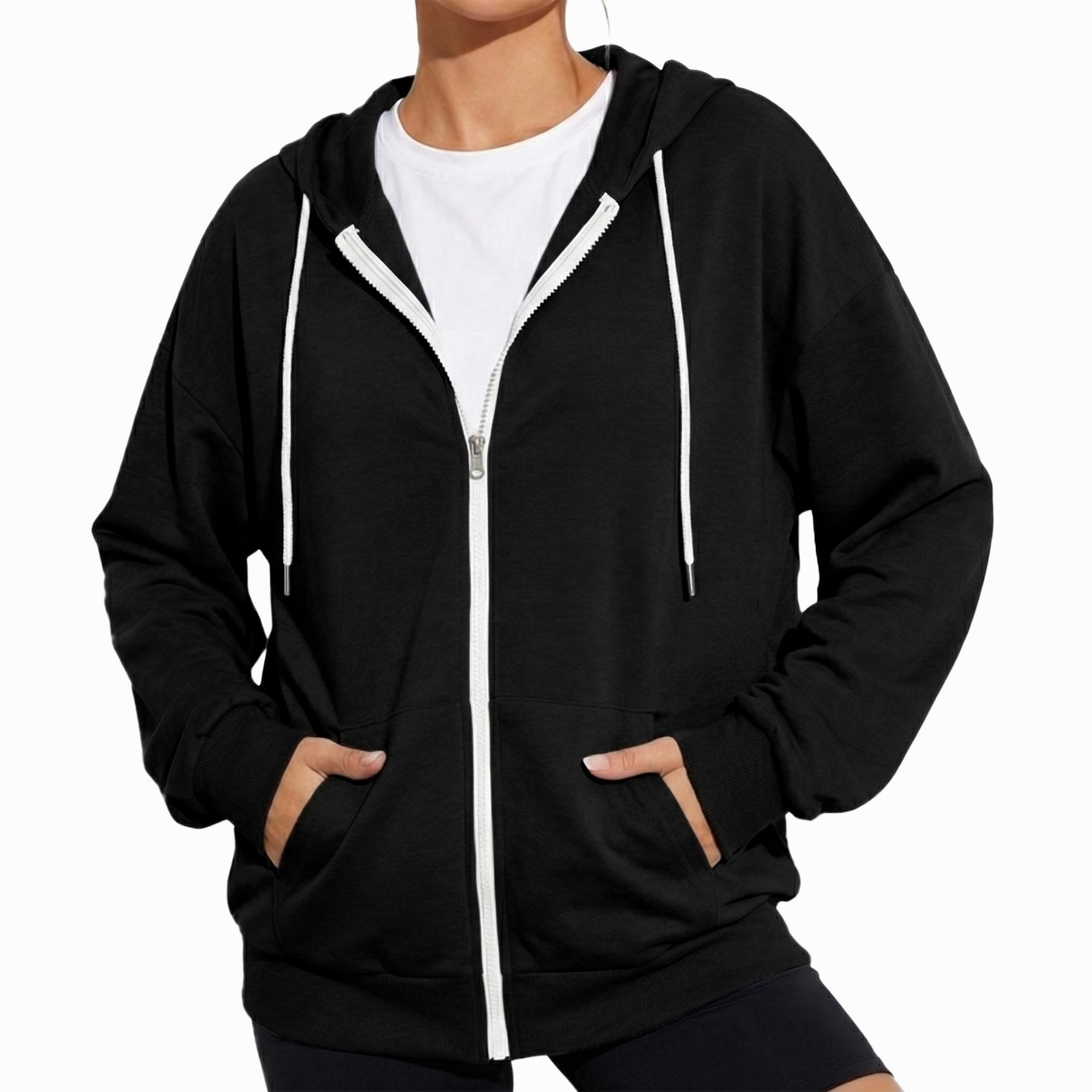 GIVON Women's Oversized Fit White Zip Up Hoodie Lightweight Cotton Cute Hooded Sweatshirt with Kangaroo Pockets