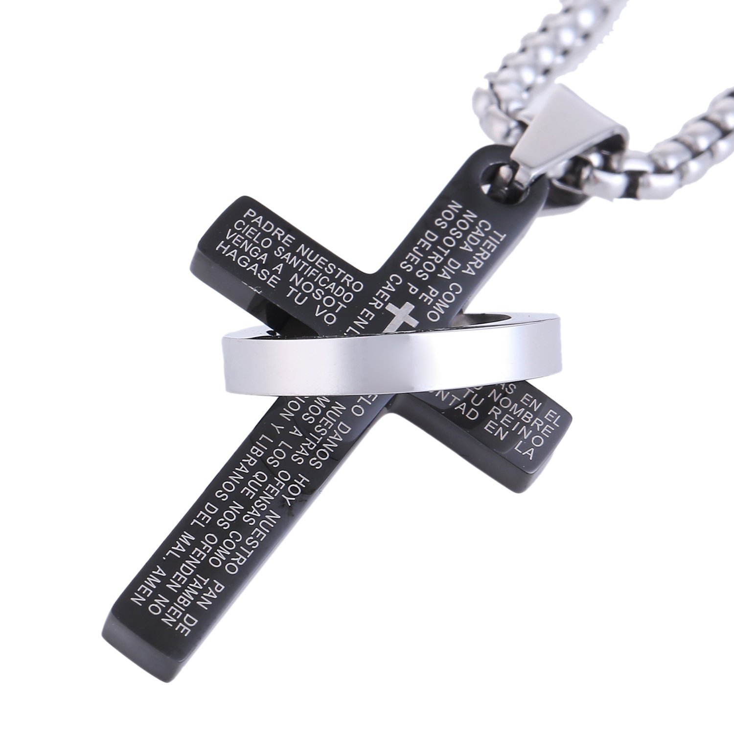 DonDon Hombres Collar de Acero Inoxidable o de Piel con Colgante de Cruz de Acero Inoxidable en una Bolsa de Terciopelo