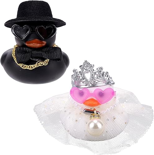 Pair Set of 2 Small Wedding Rubber Ducks, Miniature Bride Groom Duckies Mini Tiny Couple Ducky for Marriage Ceremony Gift Marry Blessings Decor (Black & White)