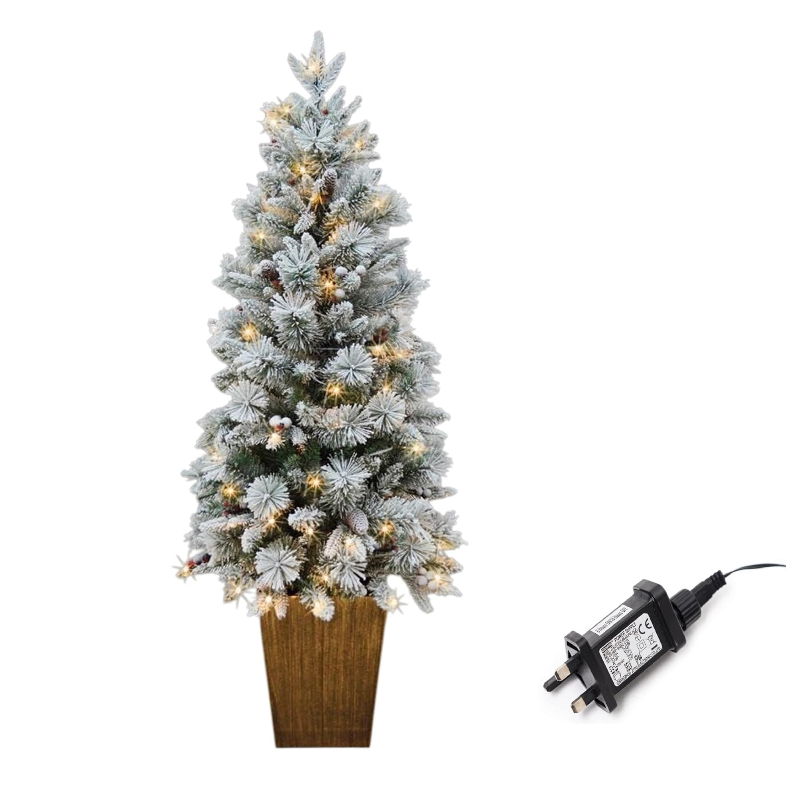 Shatchi Green 4Ft/1.2M Pre Lit Potted Snow Flocked Christmas Tree With 80 Warm White Led Lights Changing 8 Modes, Pine Cones And Red Berries Snowy Tips