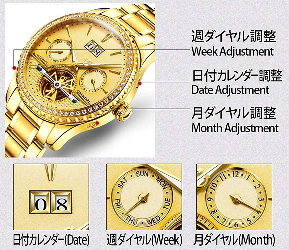 MASTOP Herren-Armbanduhr, automatisch, mechanisch, Edelstahl, Diamant, leuchtend, Saphir, klassisch, schlicht, Kleid