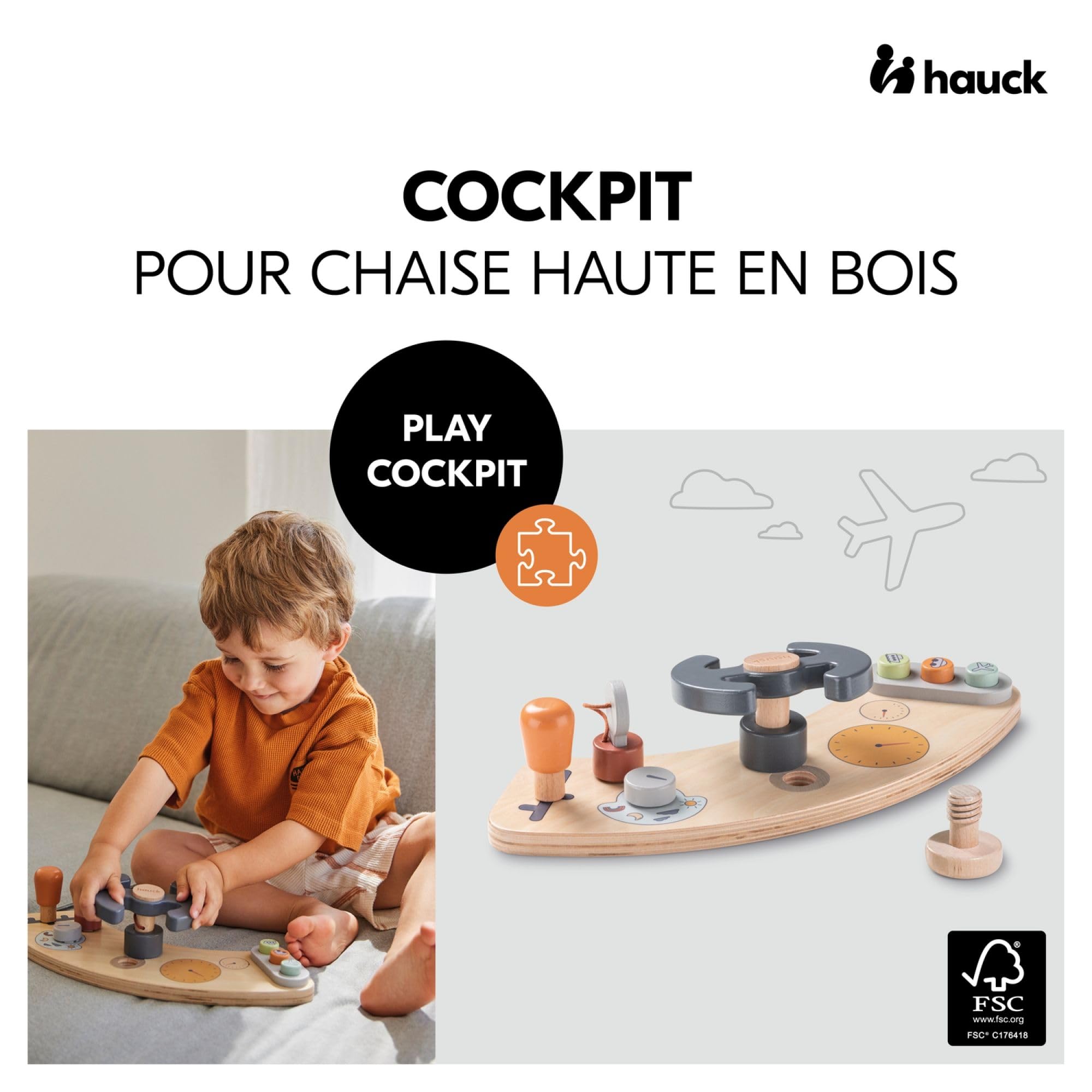 hauck Zabawka dla niemowląt, kokpit do Alpha Play Tray & Arketa Play Tray do drewnianych krzesełek Alpha+ Beta+ i Arketa 10 M + certyfikat FSC® drewno wspomaga koordynację wzrokowo-ruchową i motorykę
