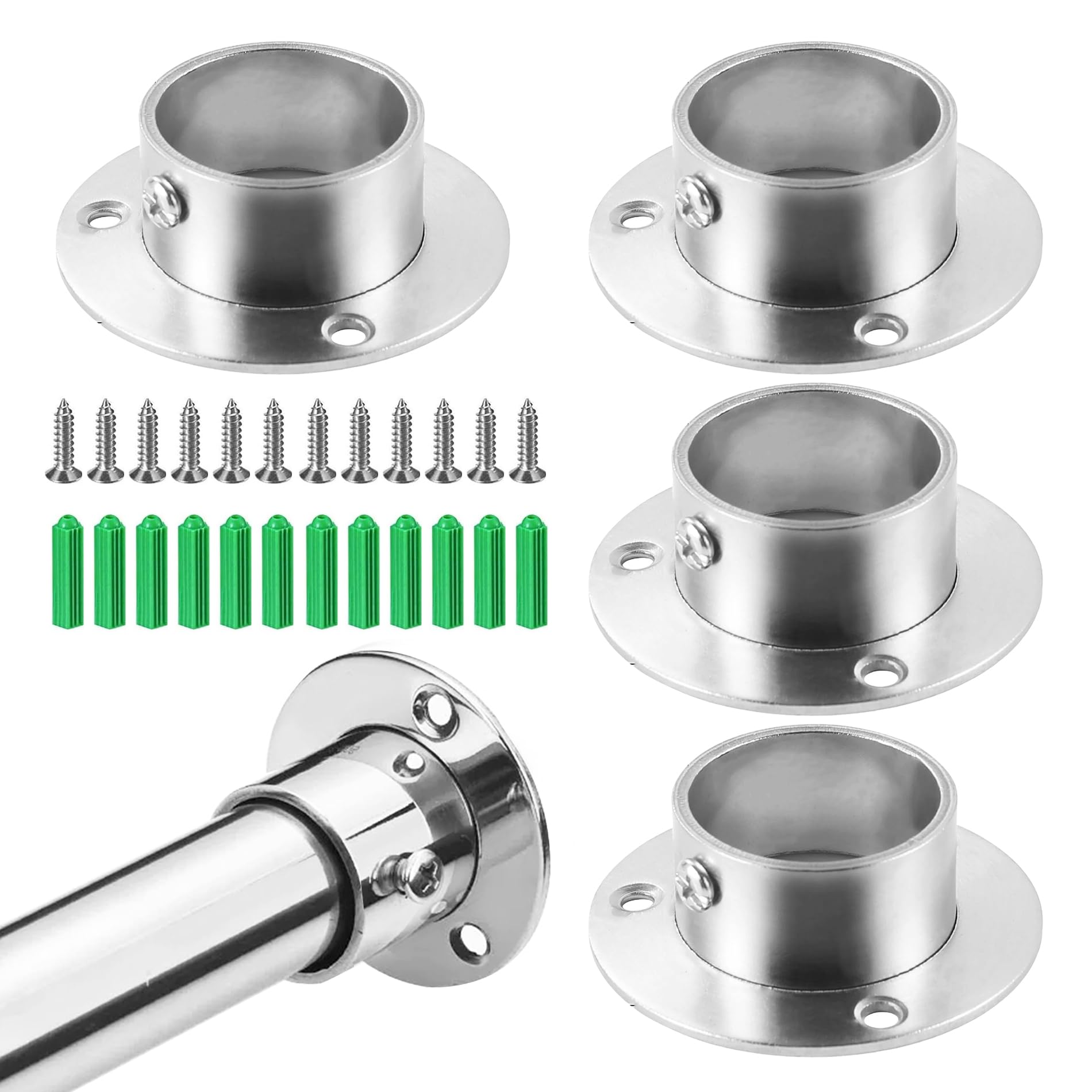 4Pcs Stainless Steel Wardrobe Brackets,Clothes Rod Bracket,Round Wardrobe Rail Socket Suit,Rail End Support,Rail Rod End,For wardrobe, Closet, Bathroom, Kitchen Etc Hanging Rod Flange Set(Silver,25mm)