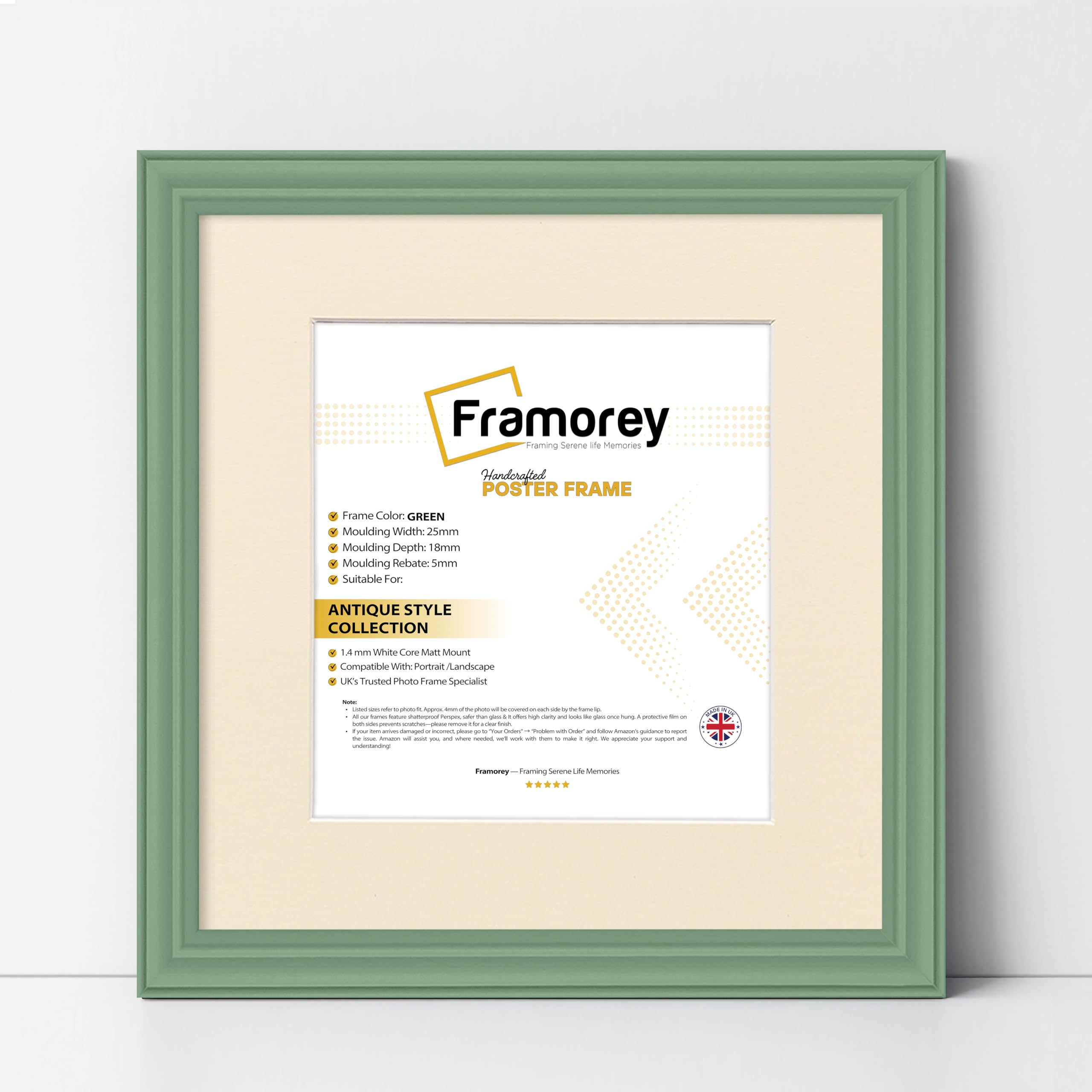FRAMOREY Square Photo Frame, 45x45CM Size Green Picture Frame With 35x35CM Size Ivory Mount, LW Antique Style Poster Frame
