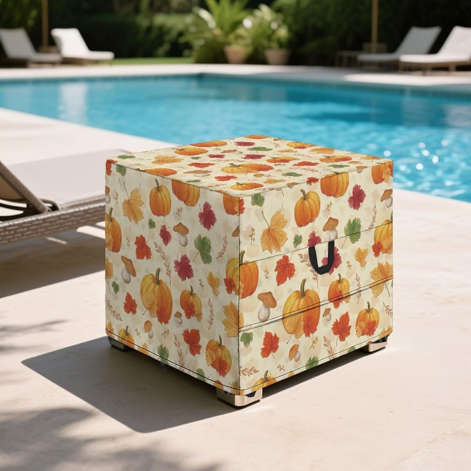 Fall Patio Ottoman Cover Waterproof Dust Proof Ottoman Cover Pumpkin Square Outdoor Furniture Protector with Handle, Yard Garden Decor, Maple Leaf