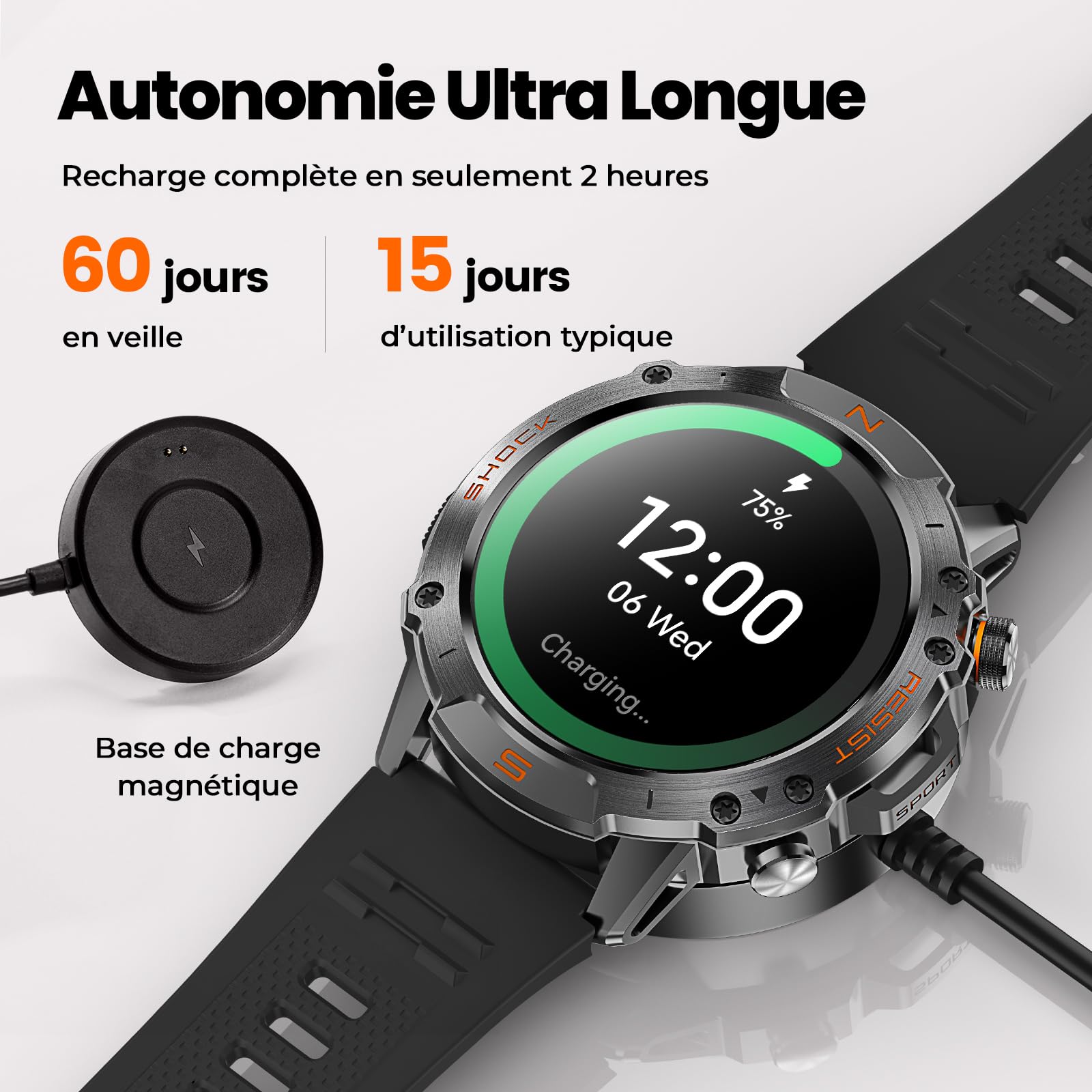 WalkerFit Montre Connectée Homme Outdoor, 1,43'' AMOLED Lisible au Soleil, Étanche 5ATM, Appels Bluetooth, Autonomie 60 Jours, Boussole, 170+ Modes Sport, Smartwatch Android/iOS (Noir)