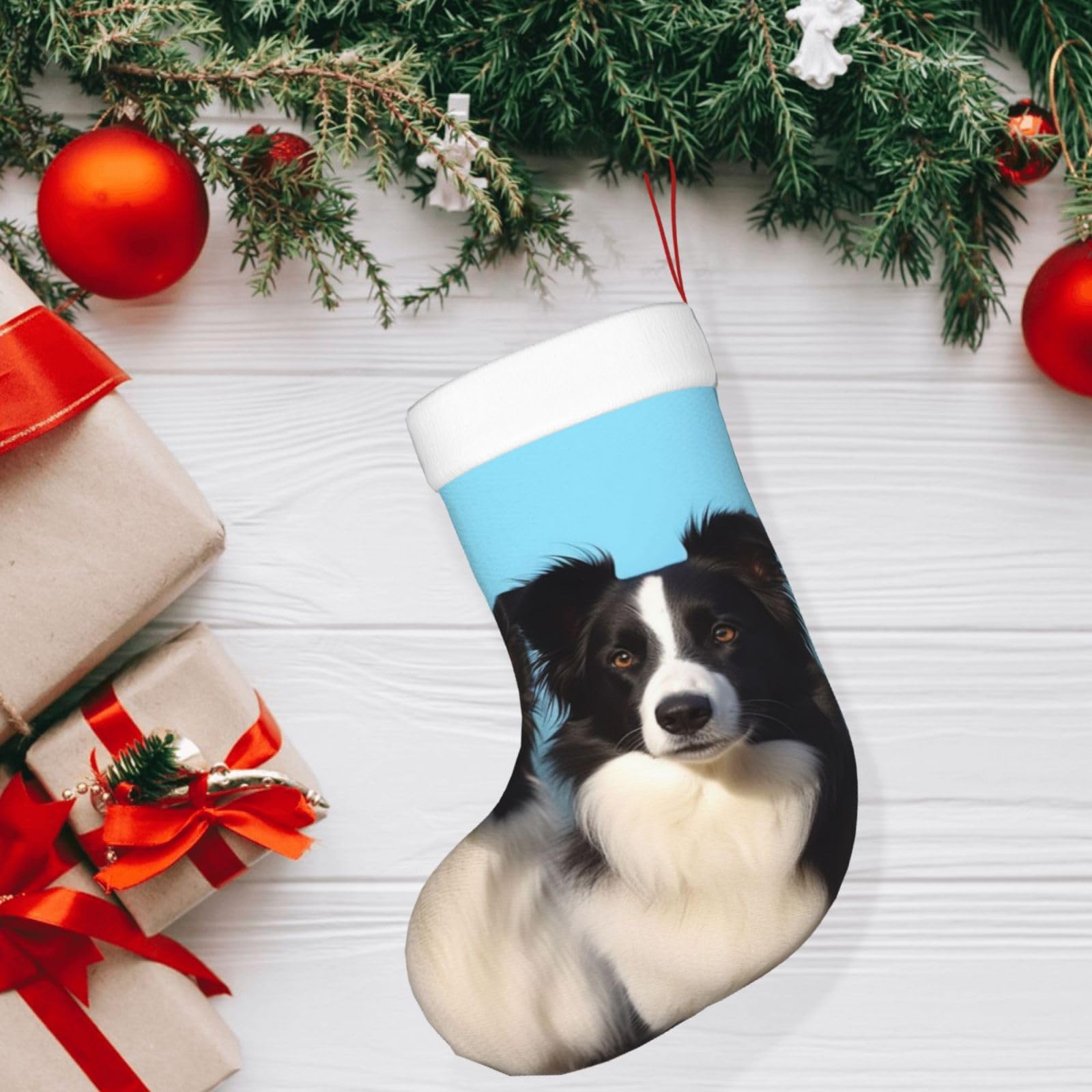 Djuetrui Black Personalized Christmas Stockings Soft Xmas Hanging Stocking With Plush Cuff Border Collie Christmas Stockings 18" Large Knitted Xmas Stockings For Fireplace Staircase Christmas Decorations