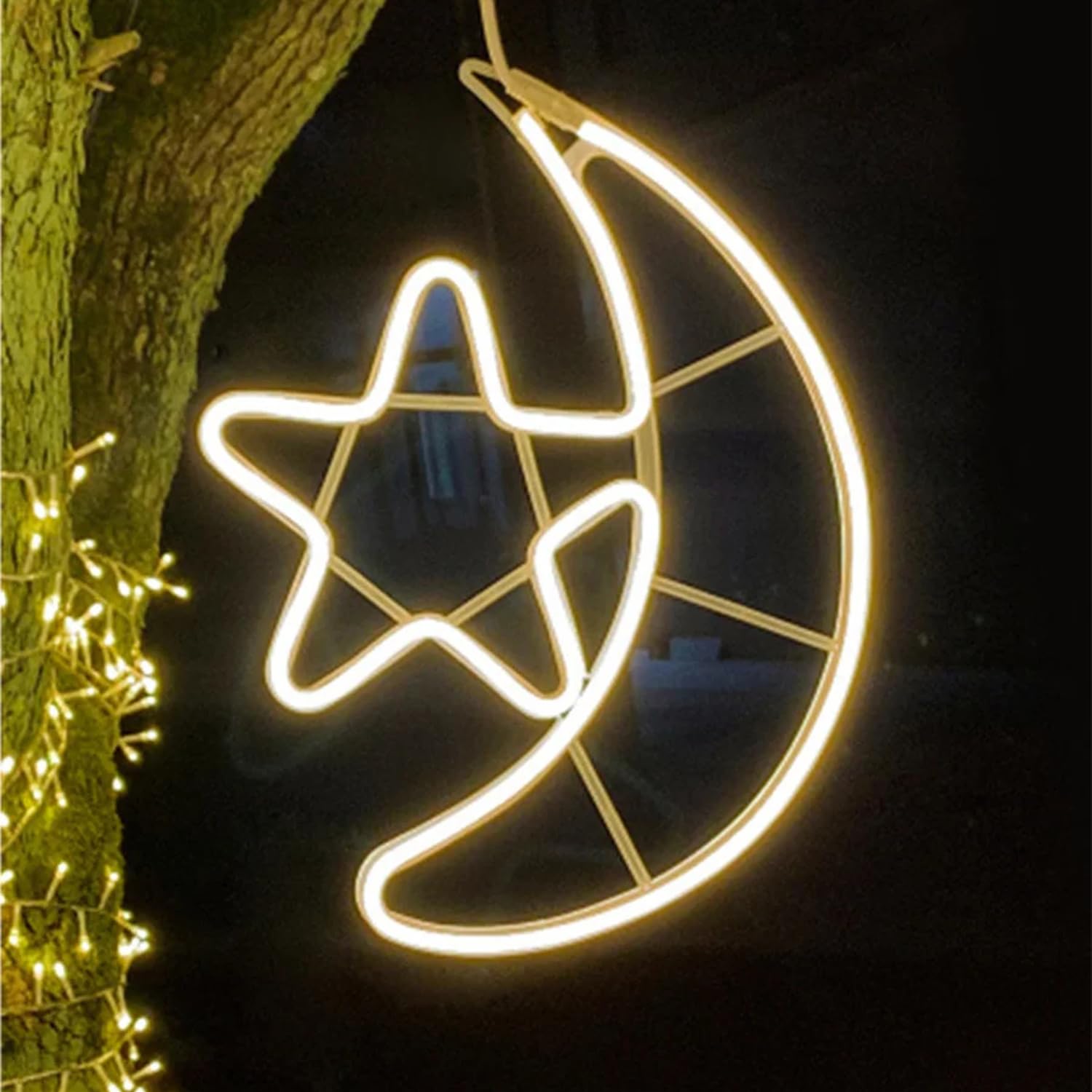 LED hanging tree lights moon neon lights five-pointed star snowflake decorative lights outdoor festival lighting modeling lights creative hanging tree lights (LED star and moon lamp)