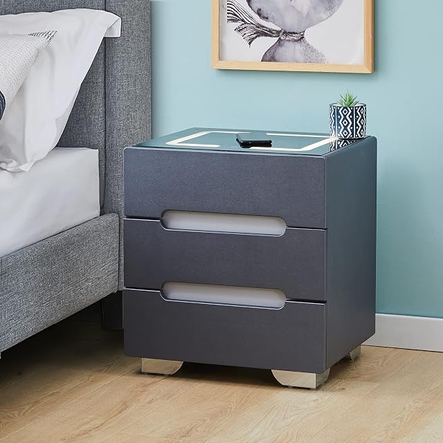 LEMROE Bedside Table with Smart Wireless Charger Nightstand with 3 Drawers Bedroom Cabinet with Adjustable LED Light Home Bedroom Furniture (3 drawers, Black)