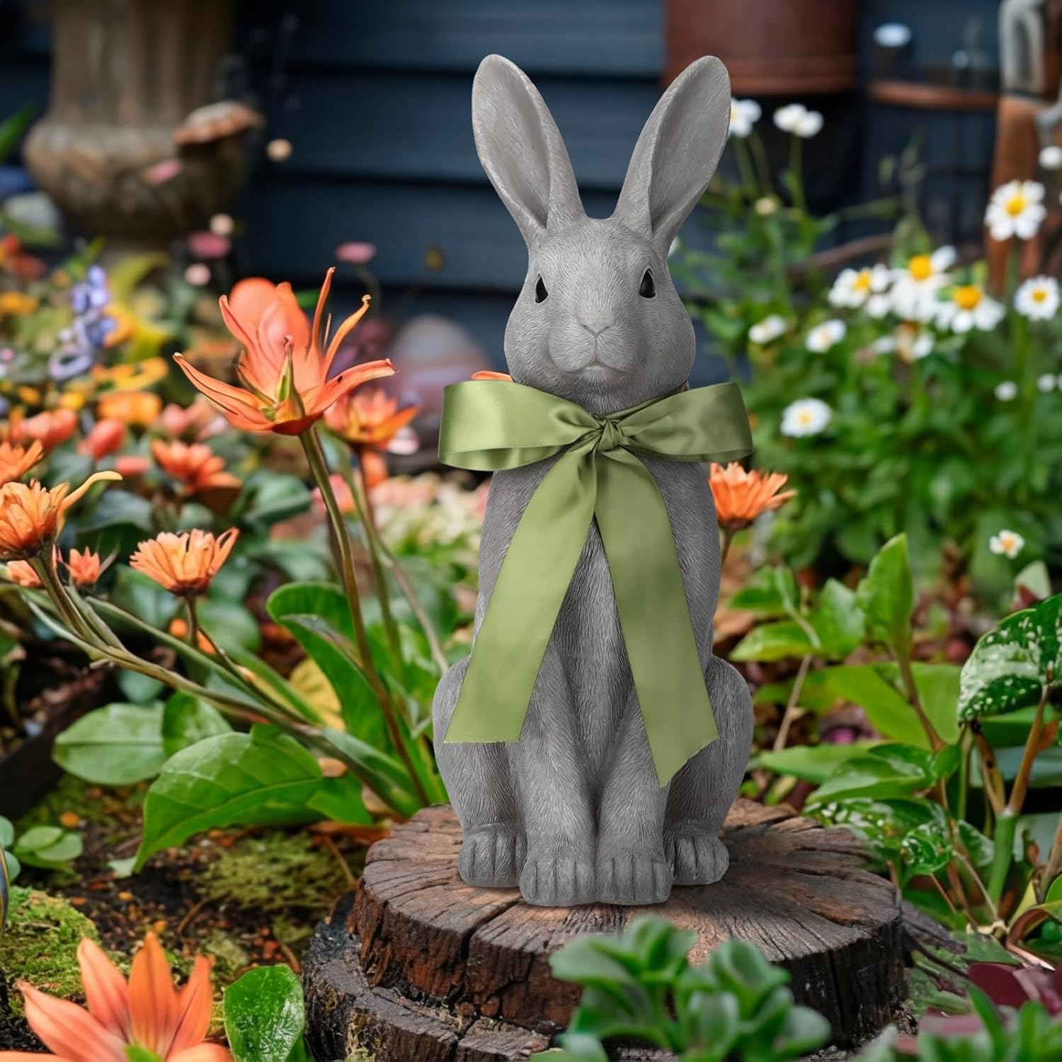 Leinuosen 18 Inches Easter Rabbit Statue Porch Decor Sign Easter Resin Bunny Sculpture Decorative Garden Statues for Outside Patio Yard Front Door Indoor Outdoor Yard Garden Decor Farmhouse Gifts