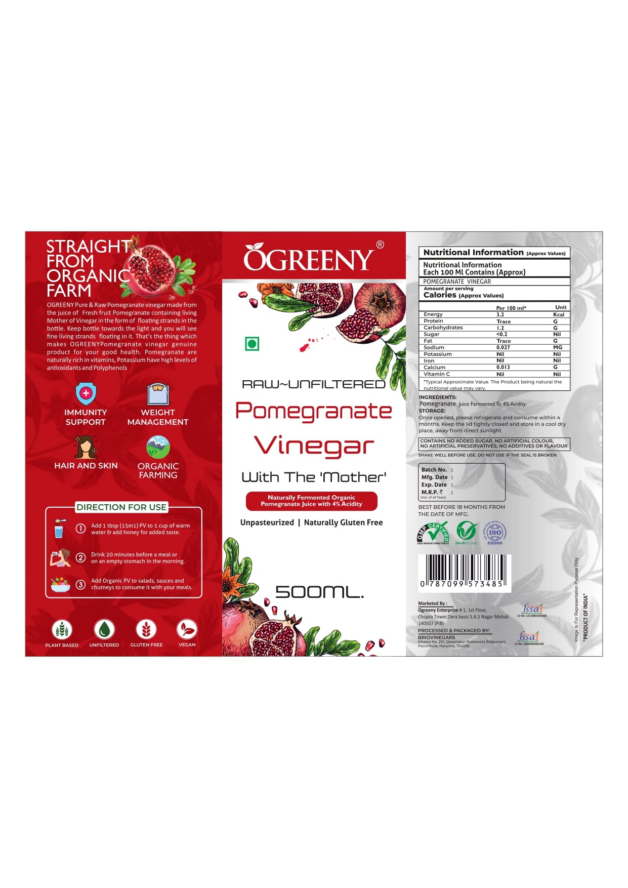 Ogreeny Organic Pomegranate Vinegar With Mother 500 ml Made with Organic Juice - Image 5 thumbnail