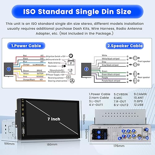 Miniatura 7 de Roinvou Radio de pantalla táctil DIN individual con Carplay con cable y Android Auto, pantalla táctil HD de 7 pulgadas estéreo para automóvil con