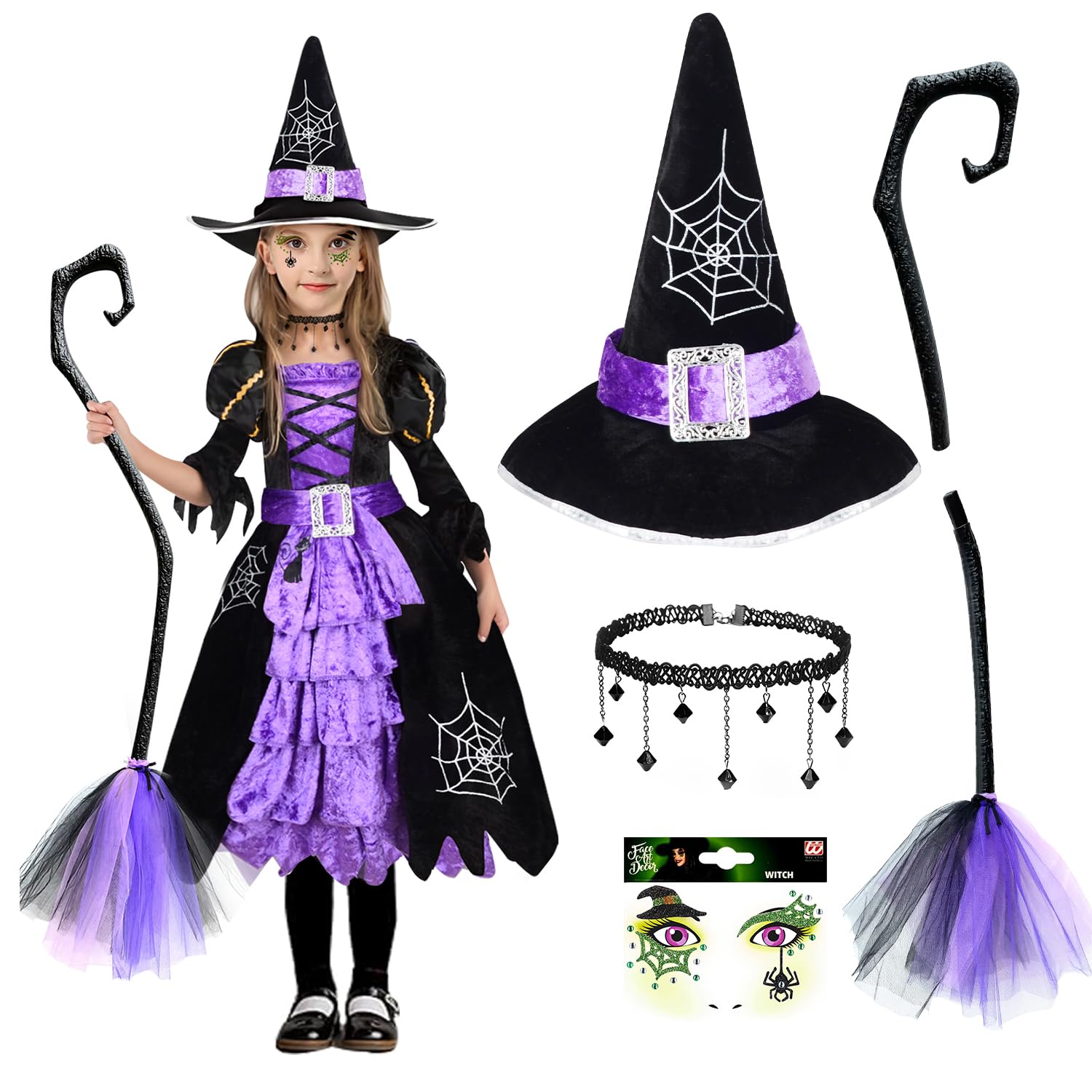 Disfraz Bruja Niña, Disfraz Halloween Niña, Disfraz Halloween Bruja de Sombrero, 5 Piezas Disfraz Bruja Niña Halloween, Traje Bruja Niña de Cuento Disfraces Bruja pour Infantil Niña Carnaval y Navidad
