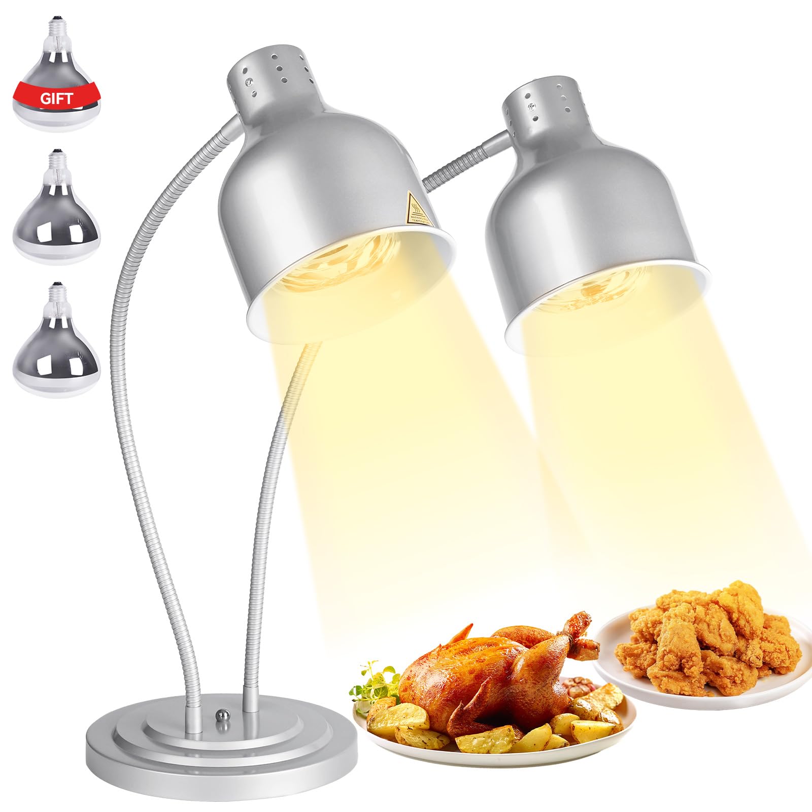 Carivia Food Heat Lamp,500W Commercial Food Warmer Lamp,Adjustable Food Warming Light with 3 Bulbs,2 Head Catering Heating Lamp for Kitchen Cafeteria Restaurant Buffet Parties