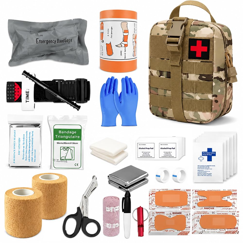 Kit Pronto Soccorso Militare Completo, 61 Pezzi First Aid Kit per Esterni, Trauma First Aid Kit per Auto, Casa, Viaggi, Campeggio All'Aperto, Escursionismo