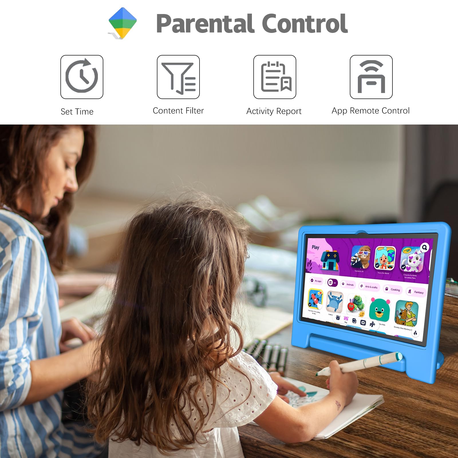 VNEIMQN Tablet per Bambini Android 14, con WiFi e Bluetooth, Doppia Fotocamera 10.1 Pollici HD, Octa-Core, 8GB RAM, 64GB ROM (1TB TF), Controllo Parentesco, Batteria 6000mAh (Blu)
