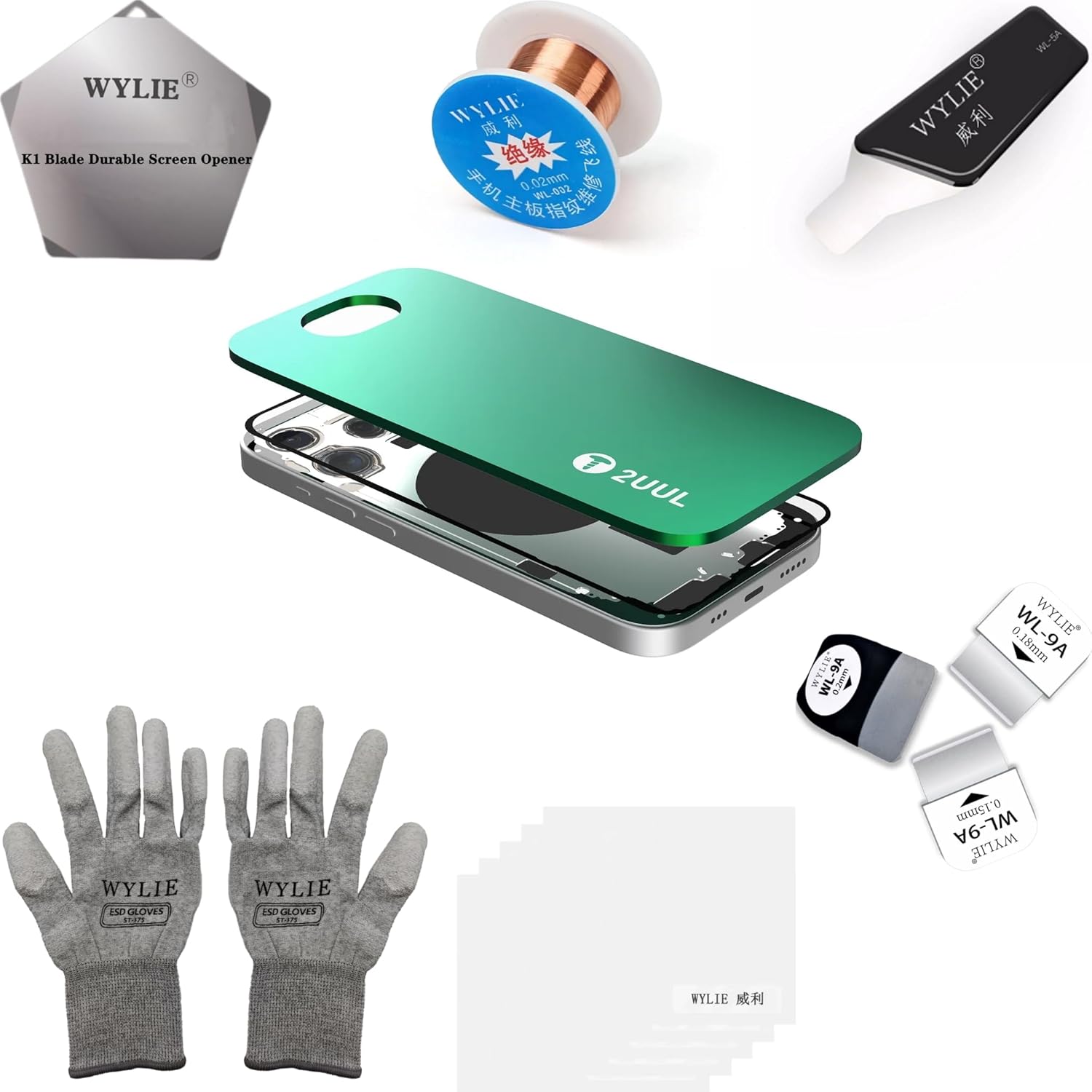 2UUL DA67 Back Cover Sealant Thermal Press Plate for iPhone 15/15 Plus 2 Pieces Professional Phone Repair Tool Kit with WYLIE ESD Gloves Screen Opener Copper Wire WYLIE Professional Tools 11 Pack