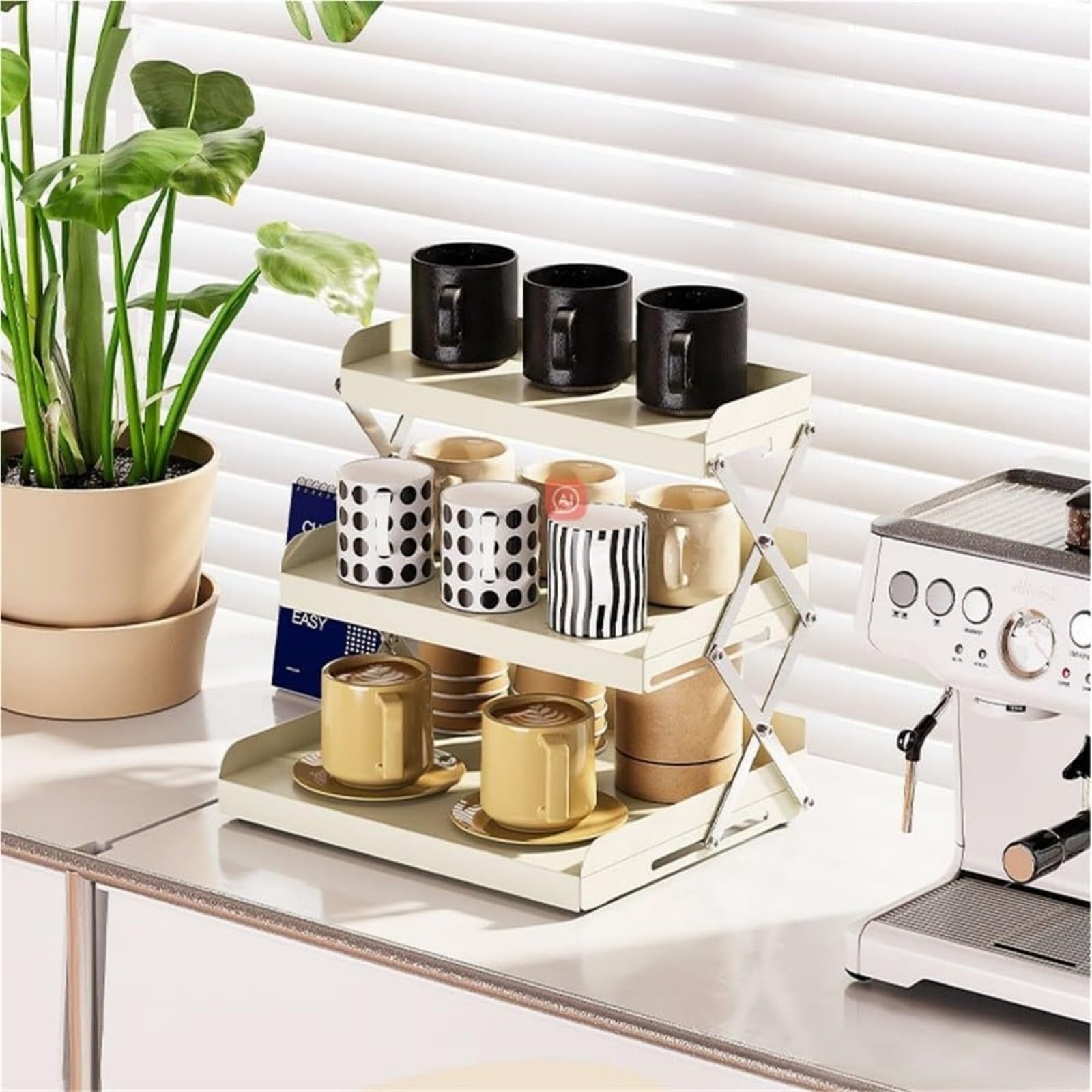 DUY 3-Tier Foldable Coffee Mug Holder, Black Metal Countertop Cup Organizer, Kitchen Storage Rack for Mugs, Dishes, Cups, Coffee Bar & Pantry (white)