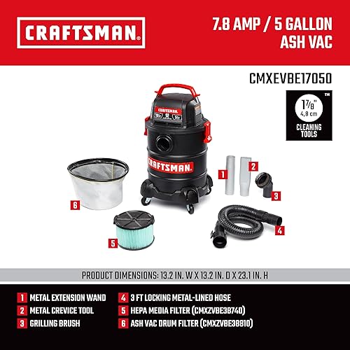 Miniatura 3 de CRAFTSMAN CMXEVBE17050 - Aspiradora portátil para cenizas y parrilla de 5 galones, 7.8 amperios, aspiradora portátil para secar solo con filtro de