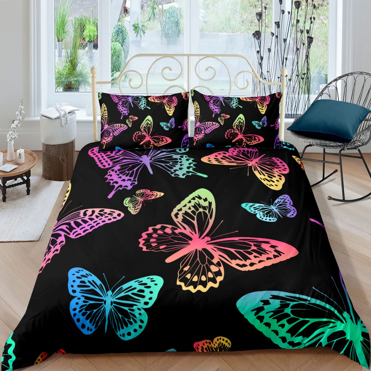 sonicpony Duvet Cover Set Twin Size Butterfly Comforter Cover Black Multi Color Cartoon for Girls Women 1 Duvet Cover 2 Pillow Shams No Comforter(BlackButterfly,Twin)
