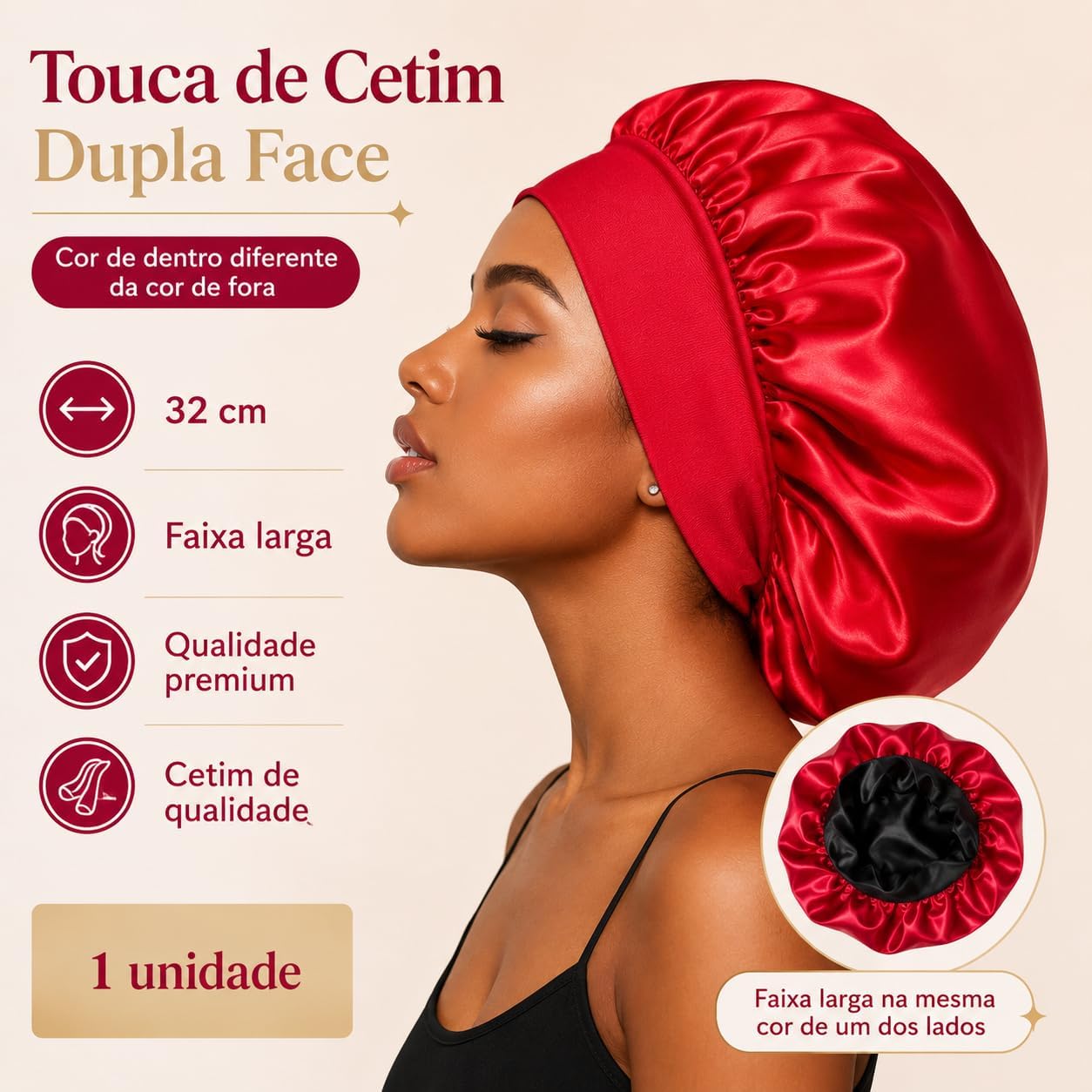 Touca de Cetim Premium Dupla Face com Faixa Larga, 32 Centímetros Touca de Cetim Premium Dupla Face com Faixa Larga, 32 Centímetros