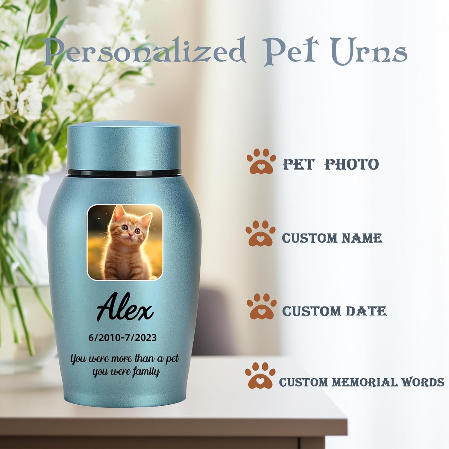 Custom Dog and Cat Urns for Ashes，Personalized Memorials Pet Urn for Ashes ，Custom Pet Name and Photo for Cremation Urns (Cut to Your Pet's Outline)