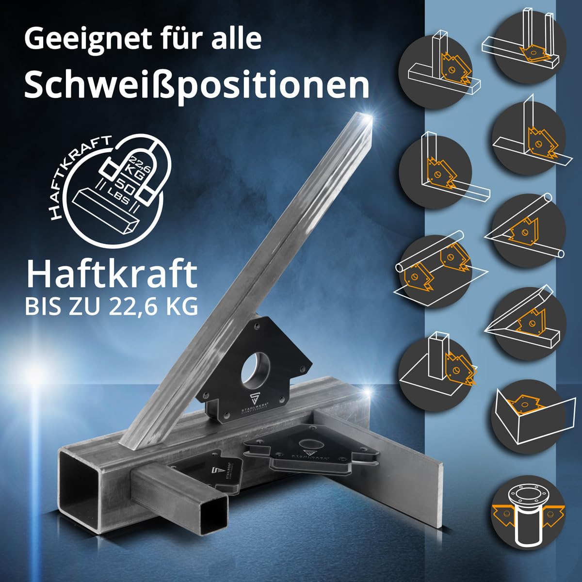 STAHLWERK Schweißmagnet 4er Set – je 22,6 kg (50 lbs) Haftkraft, 45° | 90° | 135° Winkel, starke Magnet-Schweißwinkel mit Rundloch zum präzisen Positionieren von Werkstücken bei Löt- & Schweißarbeiten