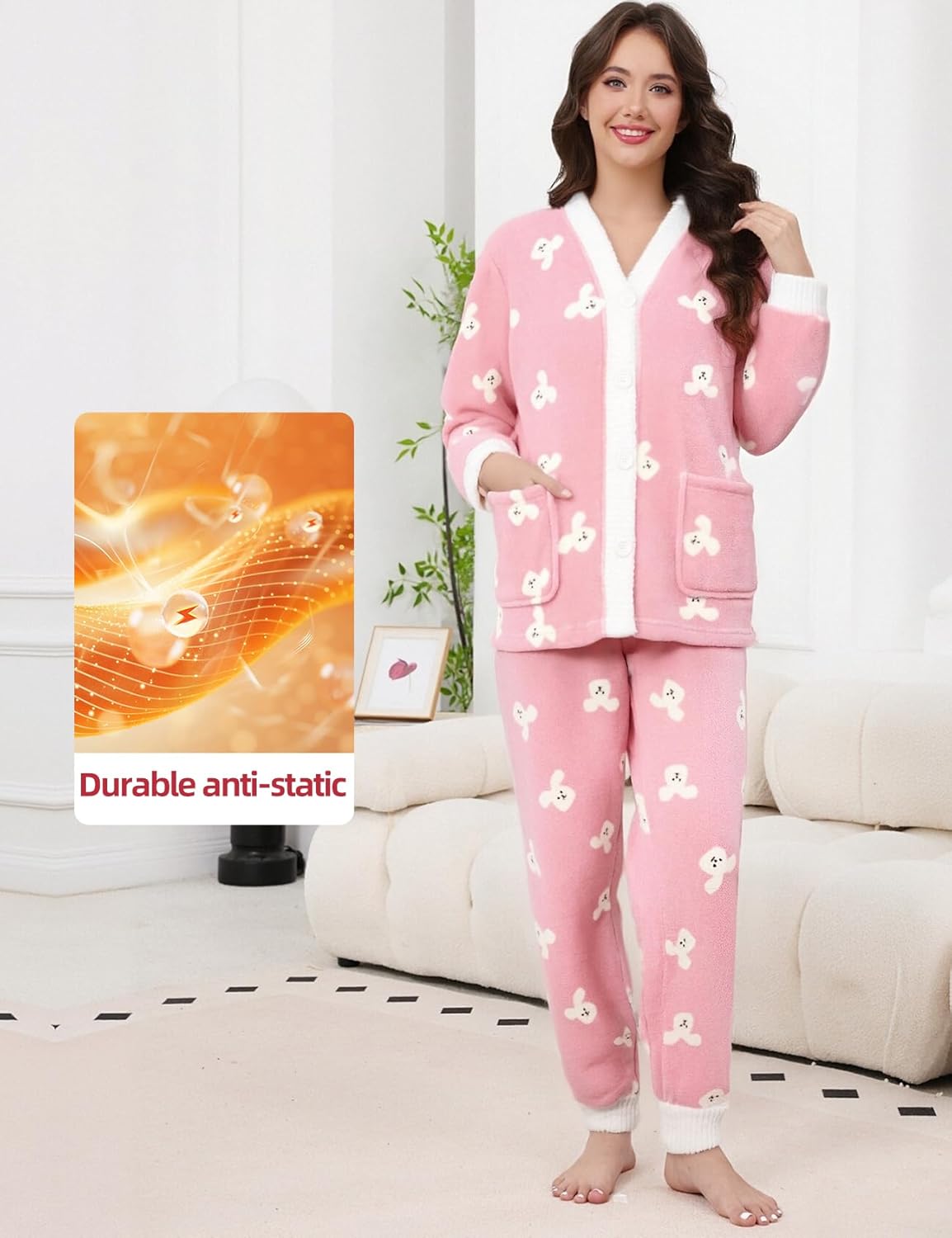 Gihuo Fleece Pajamas for Women Set Fuzzy Warm 2 Piece Winter Sleepwear Soft Cozy Pjs with Pockets - Image 3