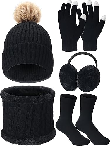 Conjunto de 5 piezas de gorro y guantes de invierno para mujer, gorro de punto para excursión de esquí, gorro de pompón, calentador de orejas de