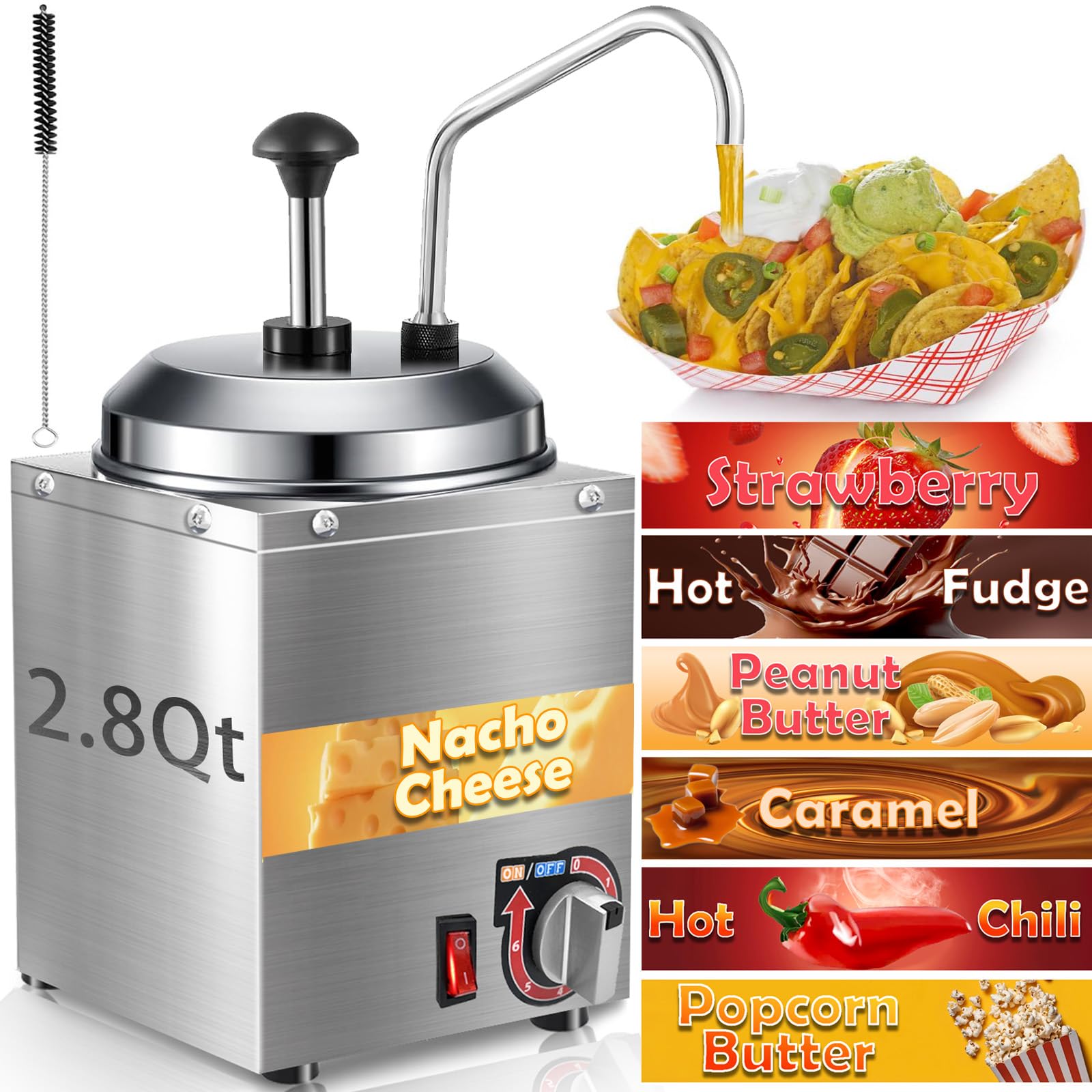 Nacho Cheese Dispenser with Stainless Steel Pump, 2.8 QT Cheese Sauce Warmer, 86-194? 6 Temperature Adjustable Heater, Commercial Hot Fudge Chocolate, Hot Chili, Caramel, Peanut Butter Electric Warmer